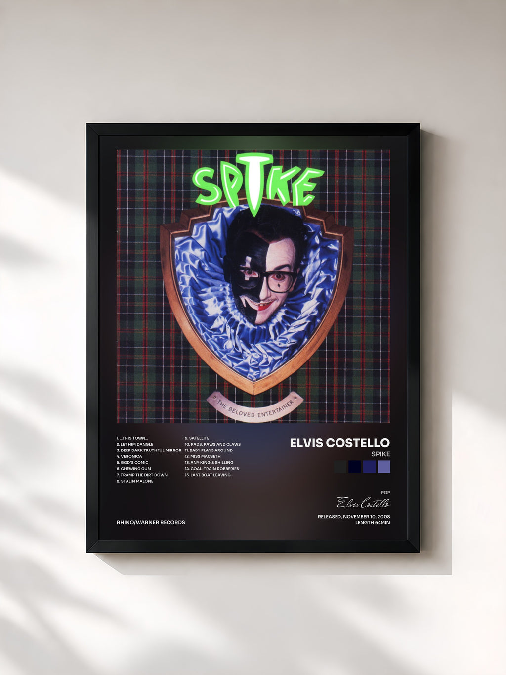 #noir Tableau de l'album Spike de Elvis Costello, cadre noir, imprimé et encadré en France