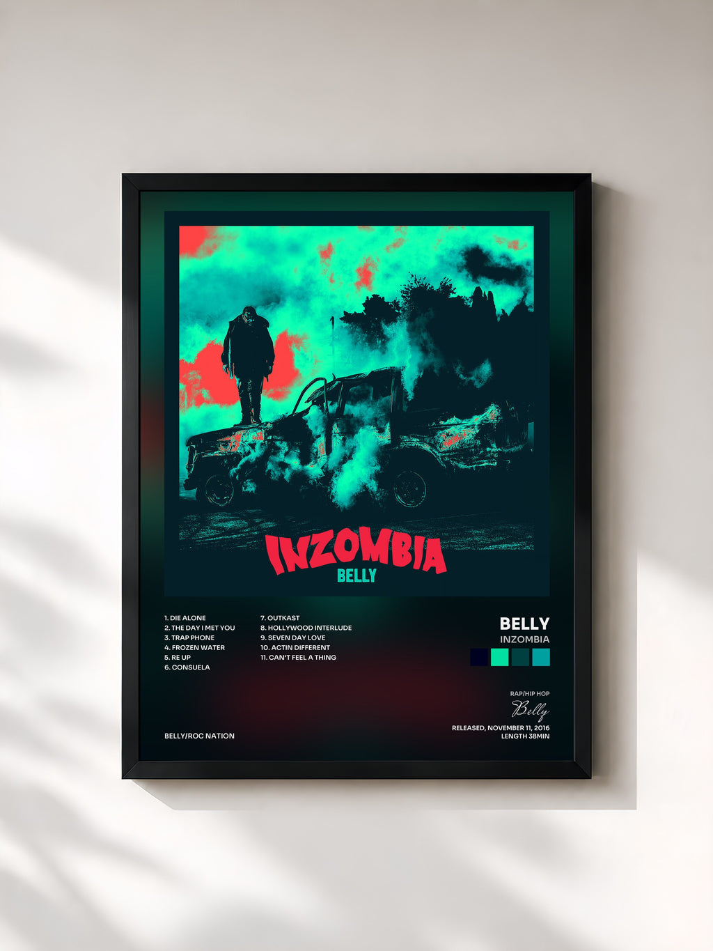 #noir Tableau de l'album Inzombia de Belly, cadre noir, imprimé et encadré en France