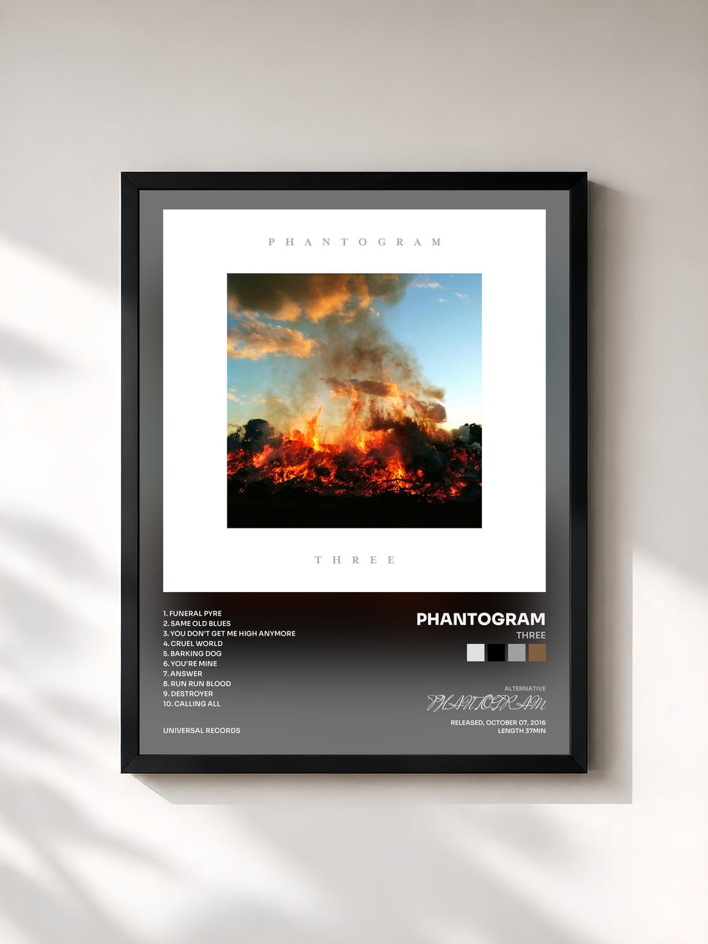 #noir Tableau de l'album Three de PHANTOGRAM, cadre noir, imprimé et encadré en France