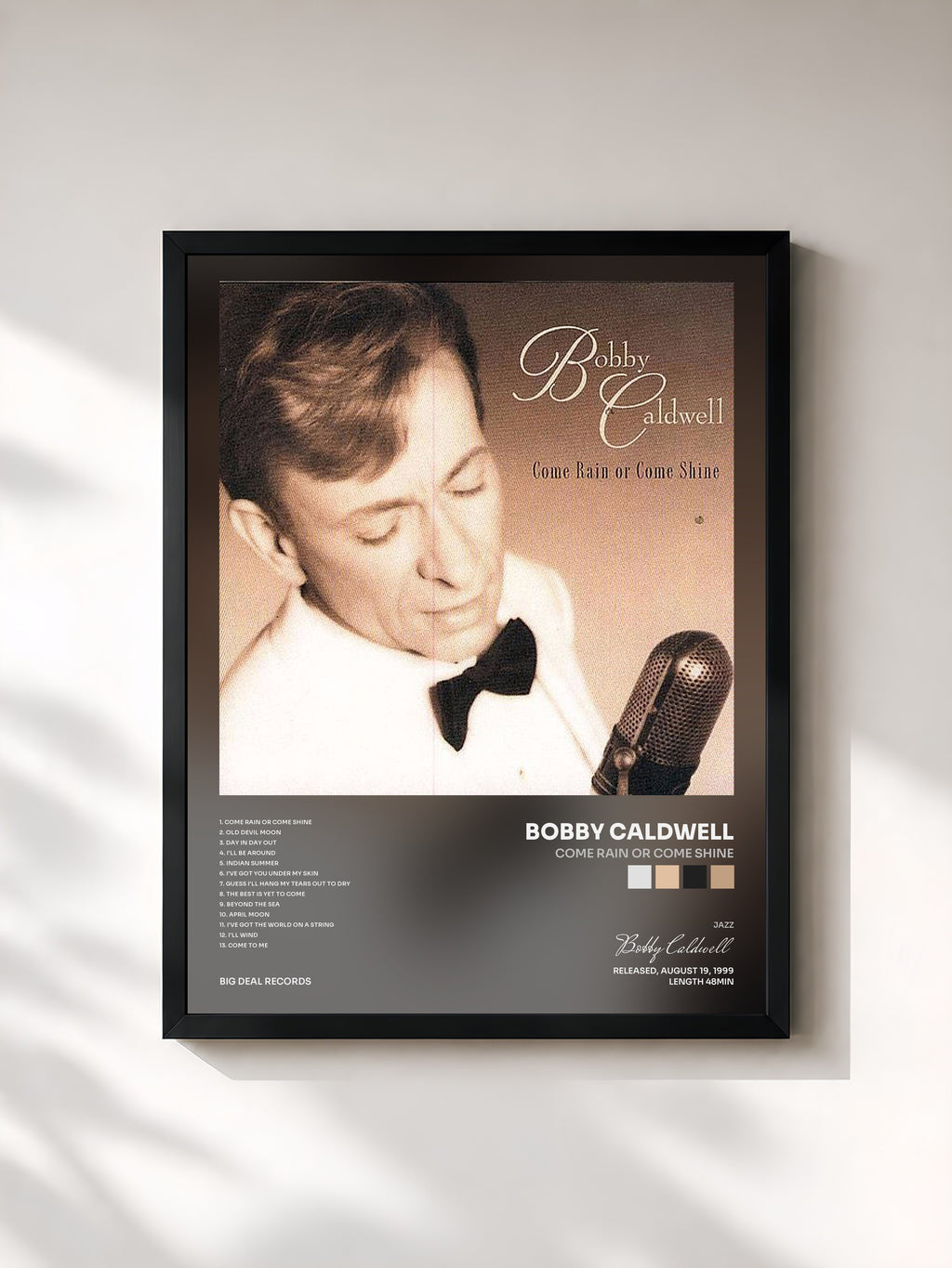 #noir Tableau de l'album Come Rain or Come Shine de Bobby Caldwell, cadre noir, imprimé et encadré en France