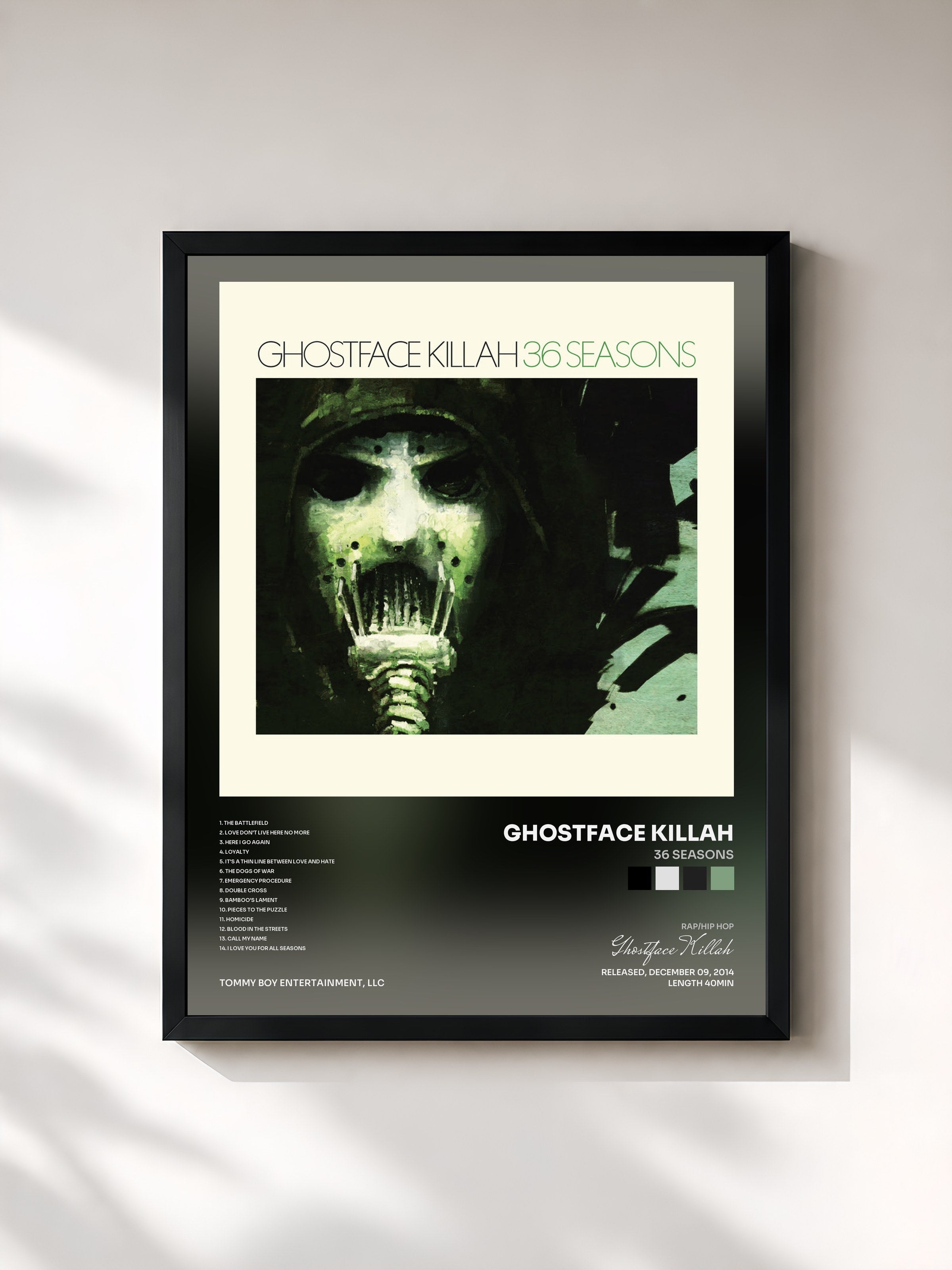 #noir Tableau de l'album 36 Seasons de Ghostface Killah, cadre noir, imprimé et encadré en France