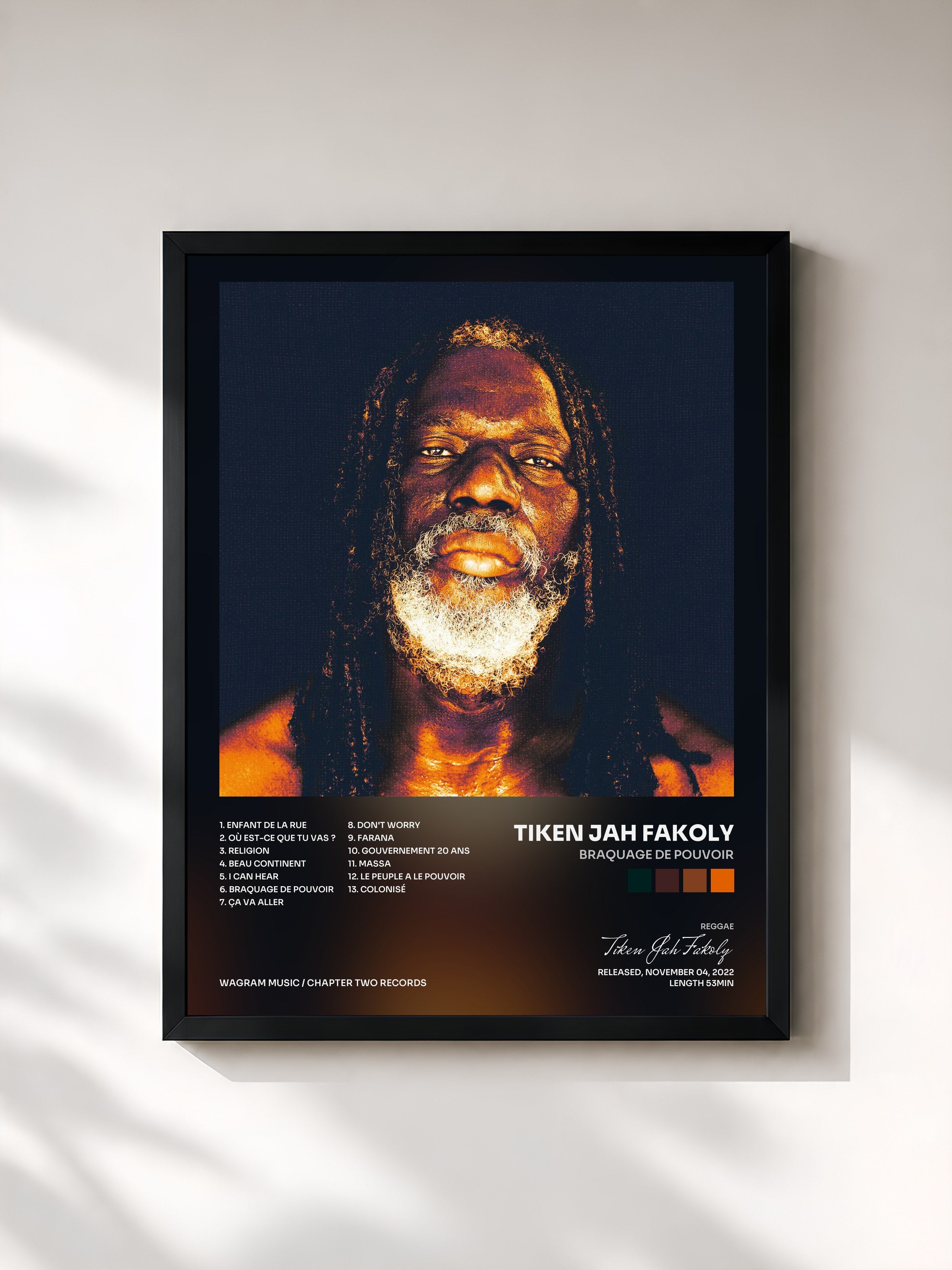 #noir Tableau de l'album Braquage de pouvoir de Tiken Jah Fakoly, cadre noir, imprimé et encadré en France