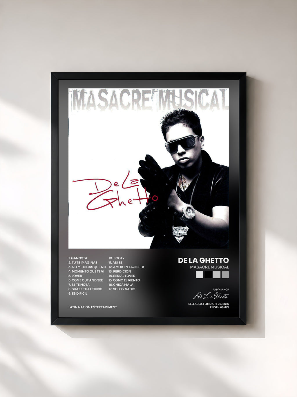 #noir Tableau de l'album Masacre Musical de De La Ghetto, cadre noir, imprimé et encadré en France