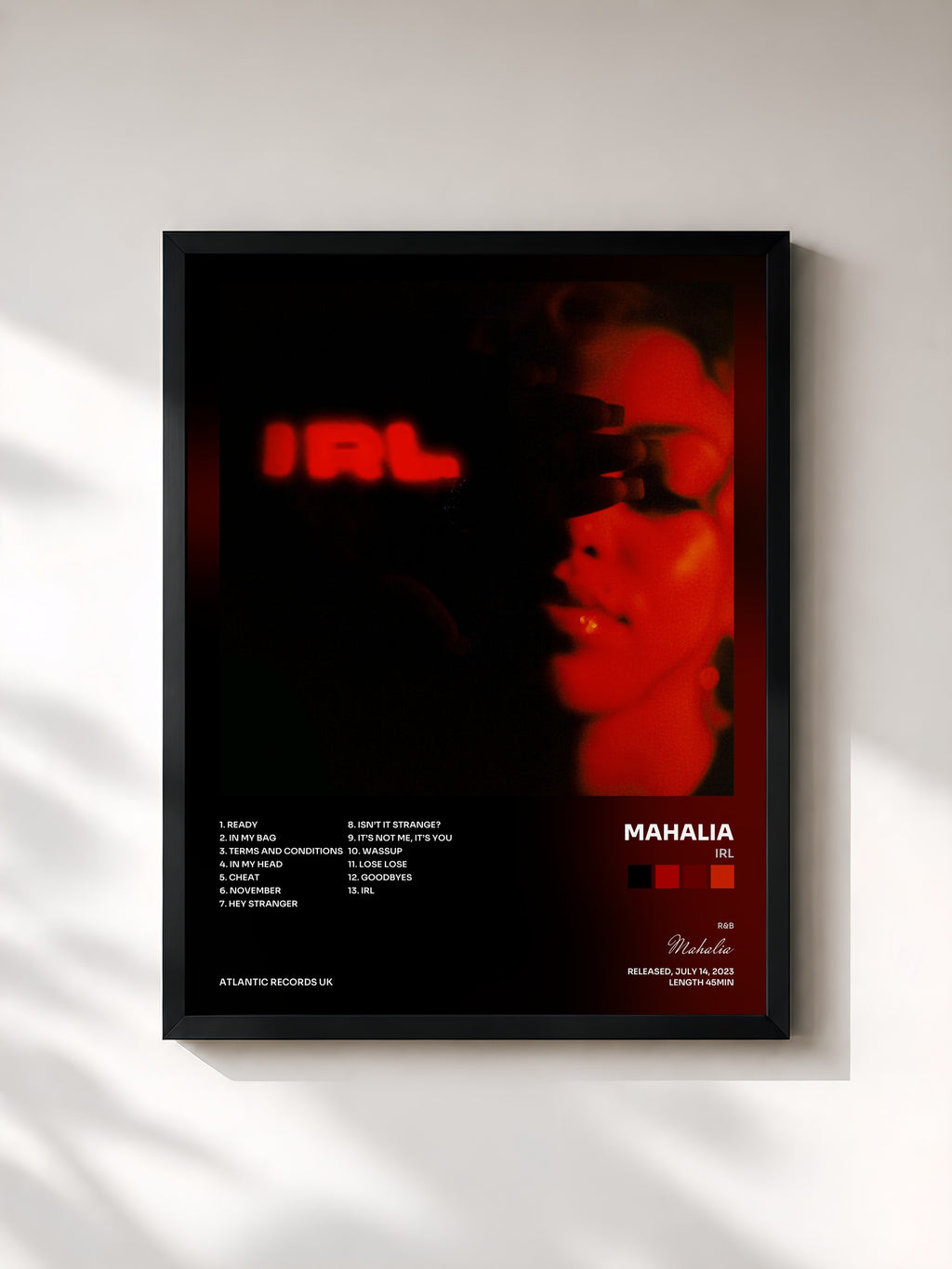 #noir Tableau de l'album IRL de Mahalia, cadre noir, imprimé et encadré en France