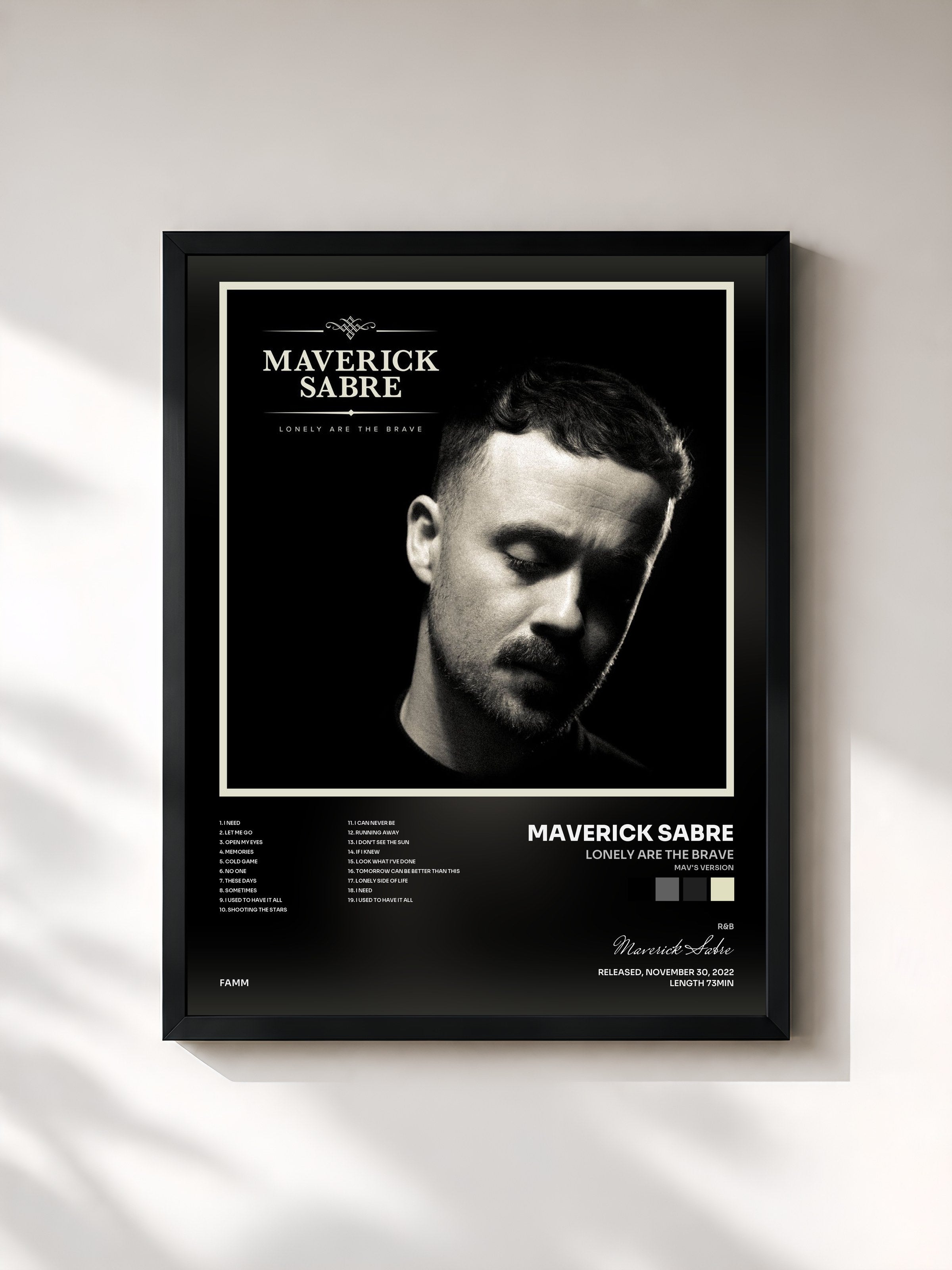 #noir Tableau de l'album Lonely Are the Brave (Mav's Version) de Maverick Sabre, cadre noir, imprimé et encadré en France