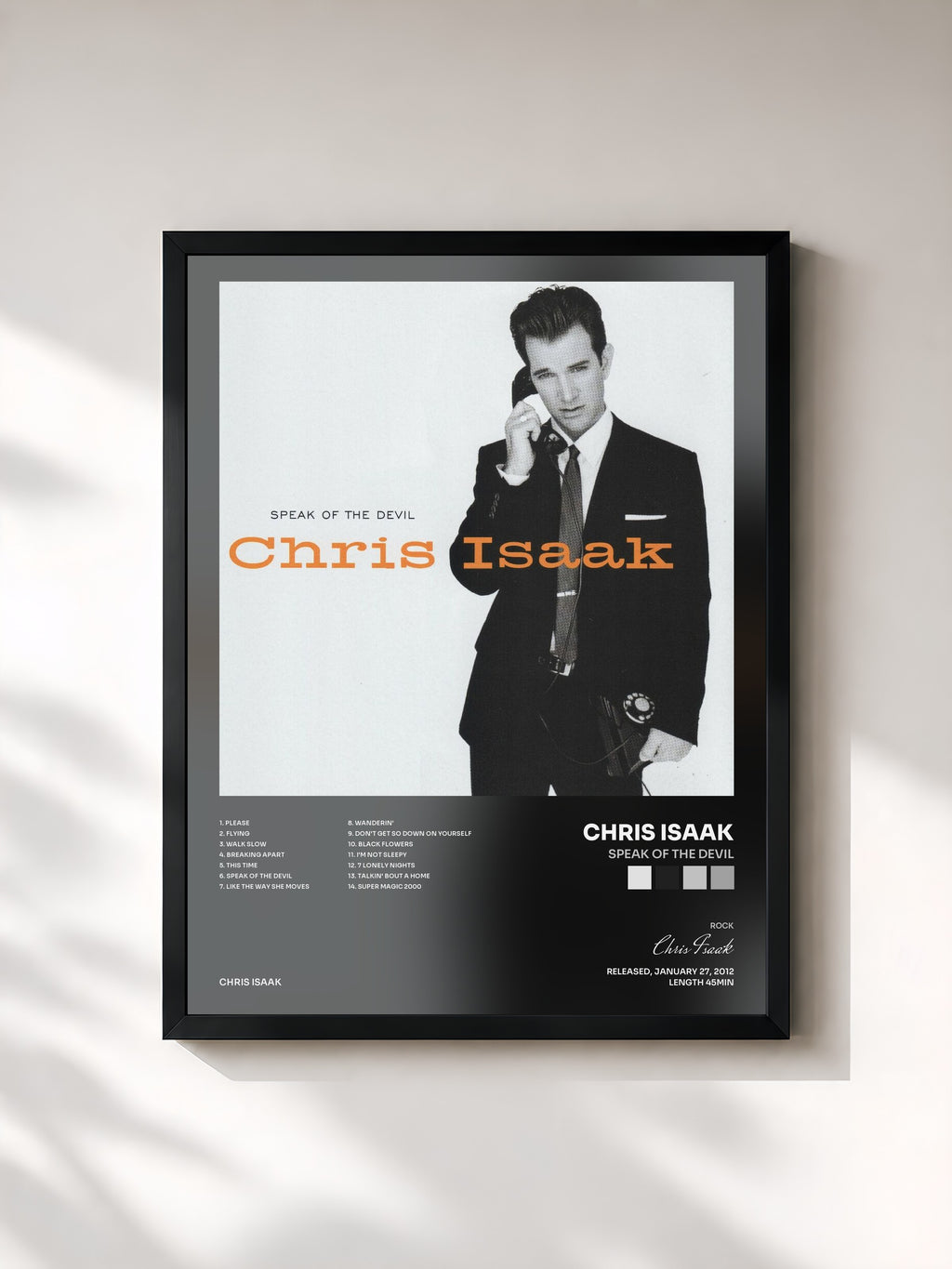 #noir Tableau de l'album Speak Of The Devil de Chris Isaak, cadre noir, imprimé et encadré en France