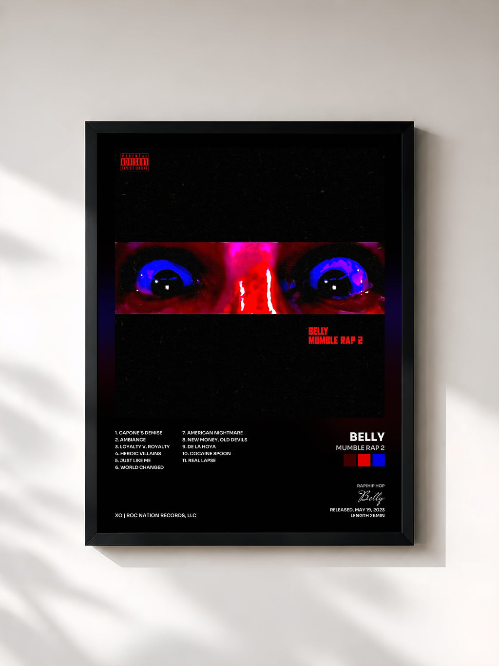 #noir Tableau de l'album Mumble Rap 2 de Belly, cadre noir, imprimé et encadré en France
