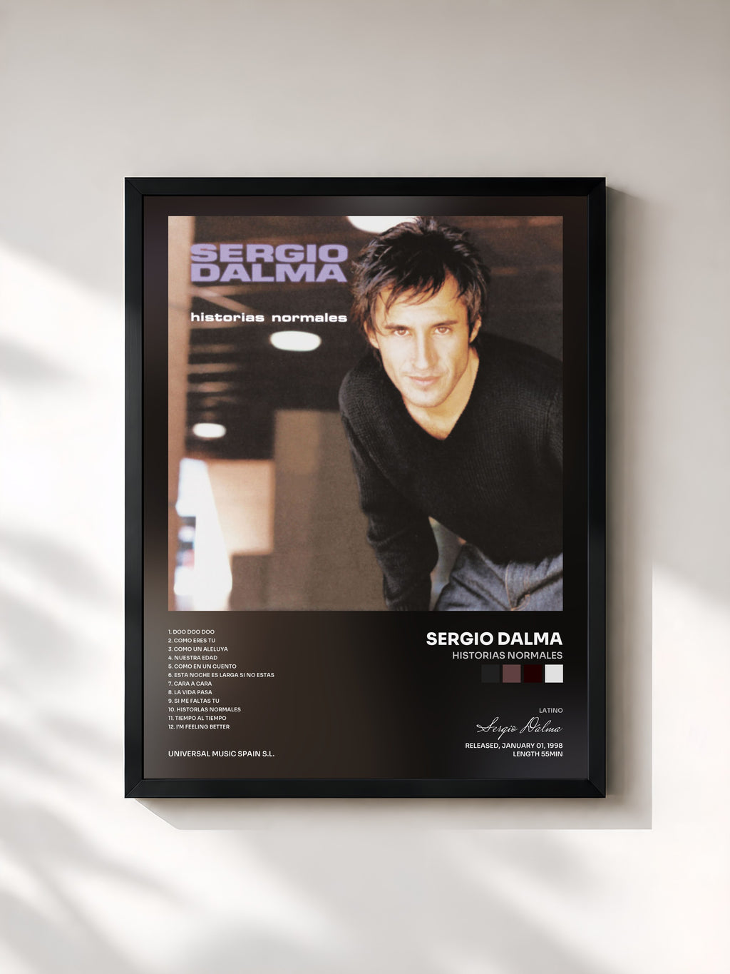 #noir Tableau de l'album Historias Normales de Sergio Dalma, cadre noir, imprimé et encadré en France