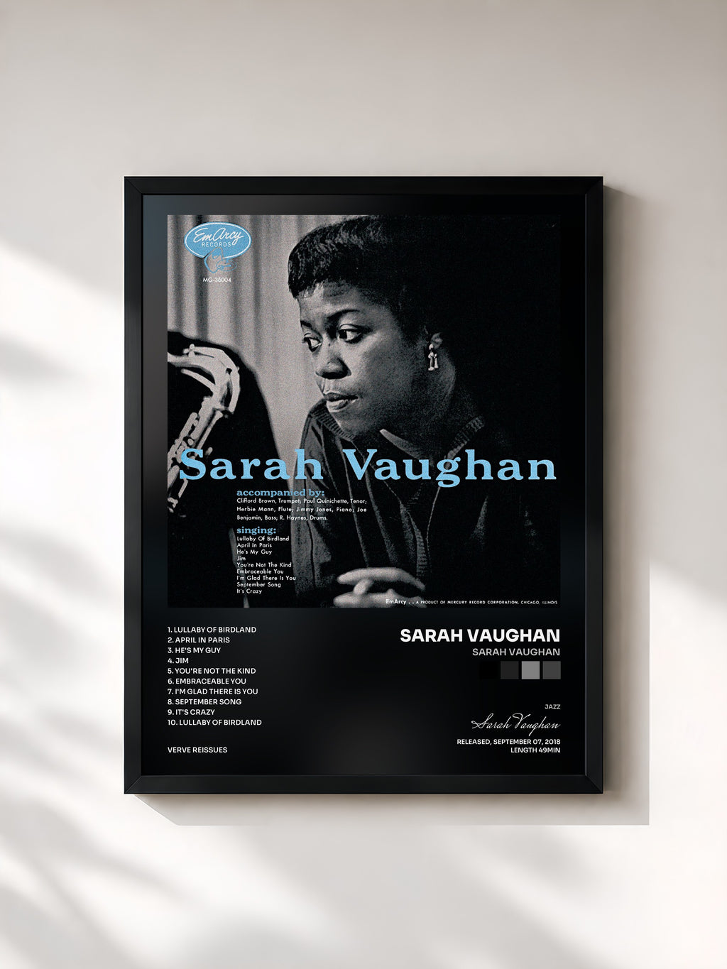 #noir Tableau de l'album Sarah Vaughan de Sarah Vaughan, cadre noir, imprimé et encadré en France