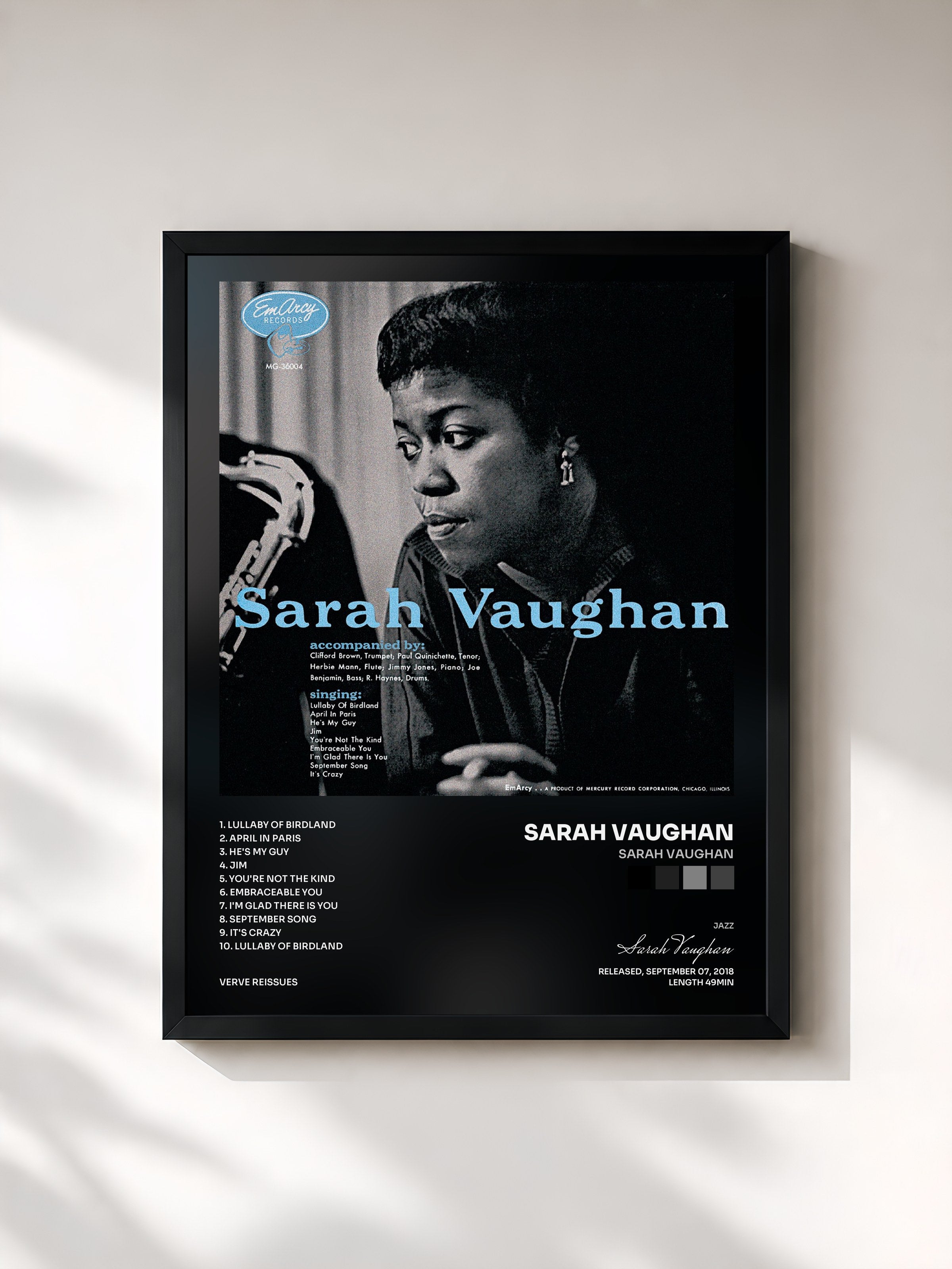 #noir Tableau de l'album Sarah Vaughan de Sarah Vaughan, cadre noir, imprimé et encadré en France
