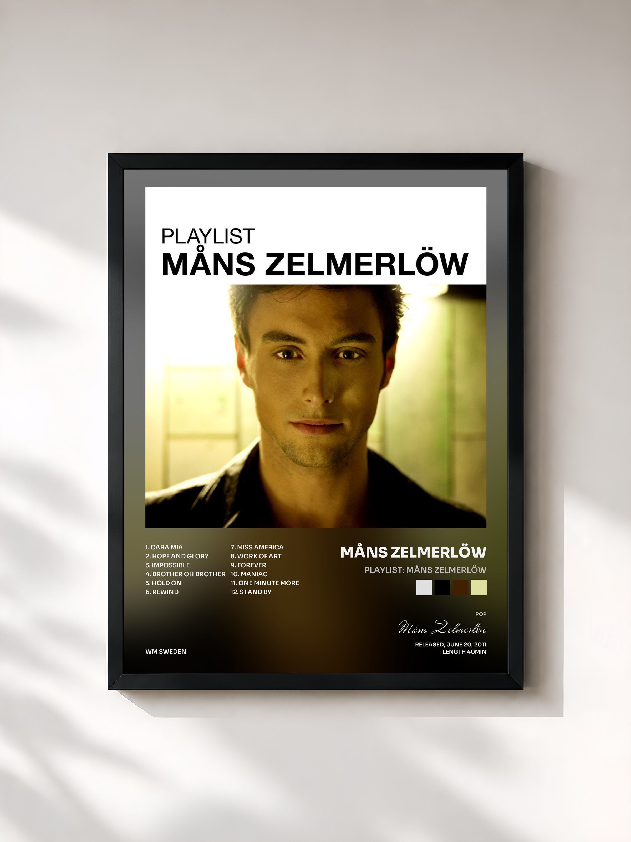 #noir Tableau de l'album Playlist: Måns Zelmerlöw de Måns Zelmerlöw, cadre noir, imprimé et encadré en France