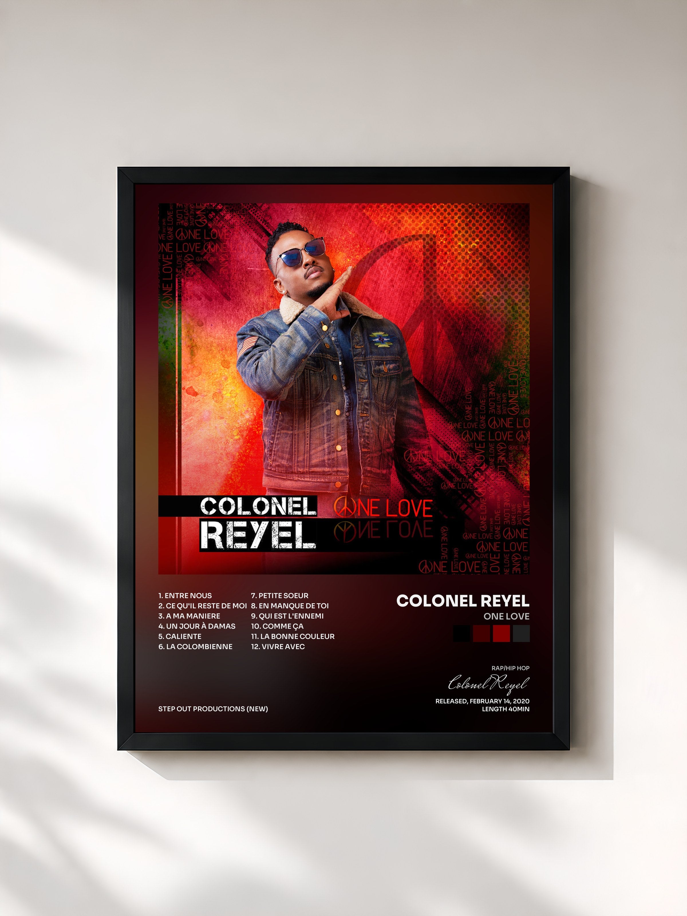 #noir Tableau de l'album One Love de Colonel Reyel, cadre noir, imprimé et encadré en France