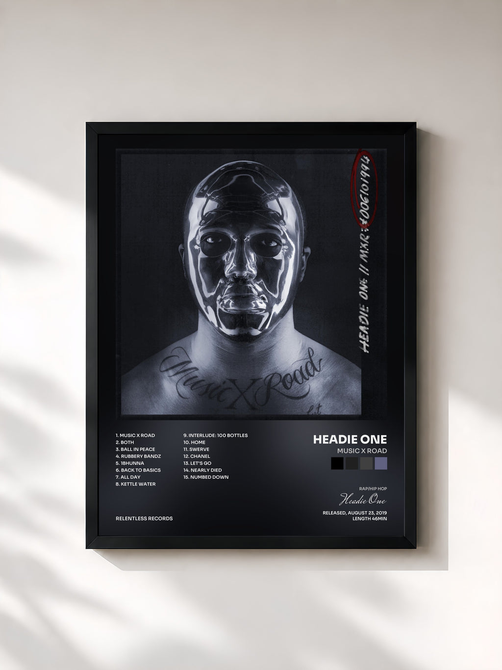 #noir Tableau de l'album Music x Road de Headie One, cadre noir, imprimé et encadré en France