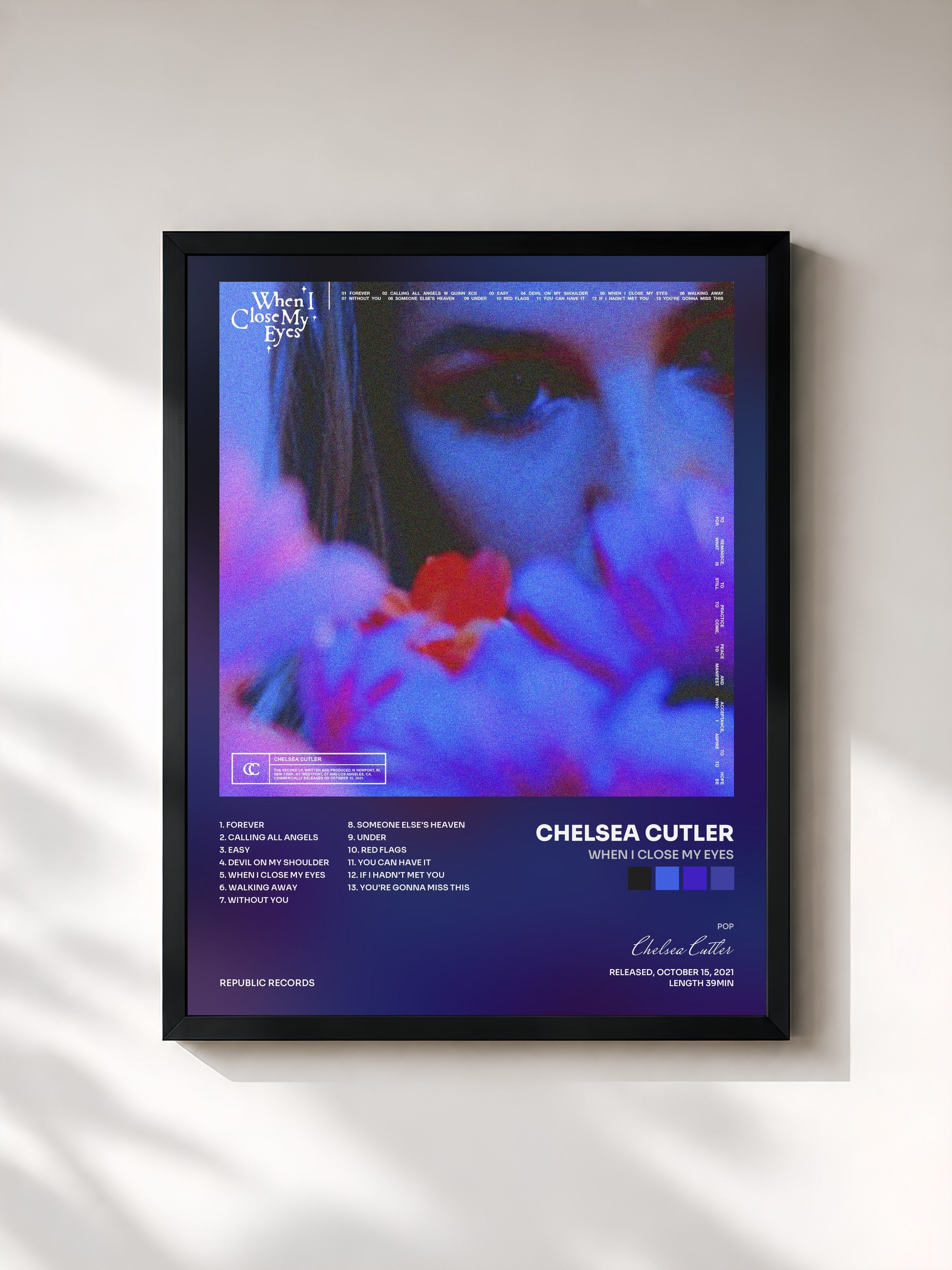 #noir Tableau de l'album When I Close My Eyes de Chelsea Cutler, cadre noir, imprimé et encadré en France