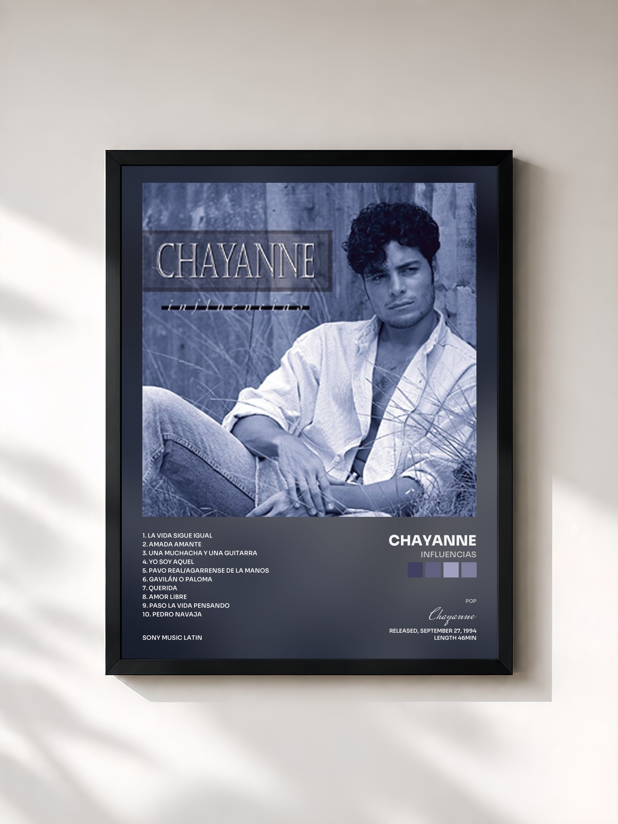 #noir Tableau de l'album Influencias de Chayanne, cadre noir, imprimé et encadré en France