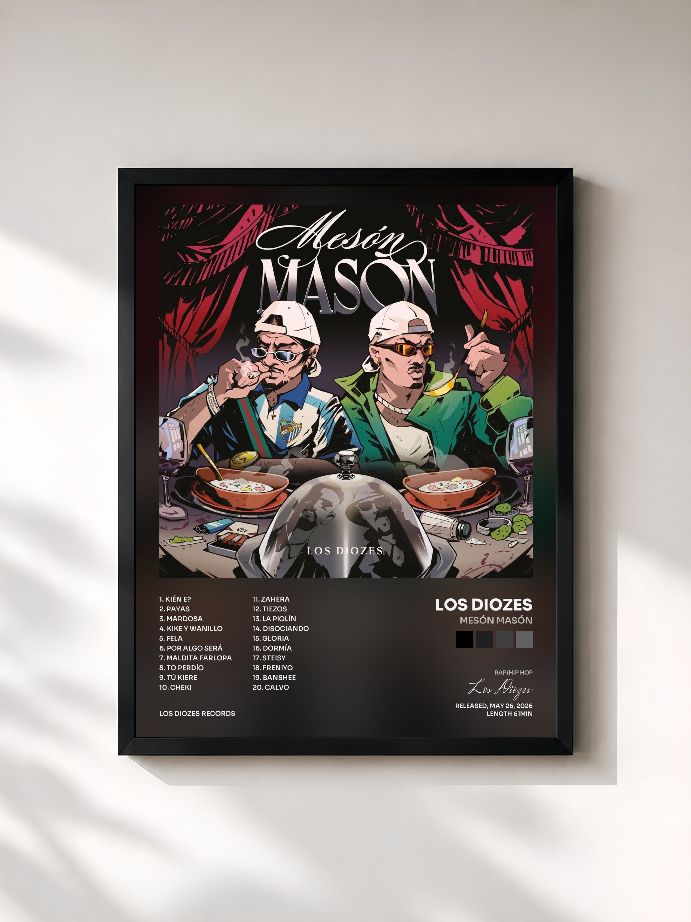 #noir Tableau de l'album MESÓN MASÓN de Los Diozes, cadre noir, imprimé et encadré en France