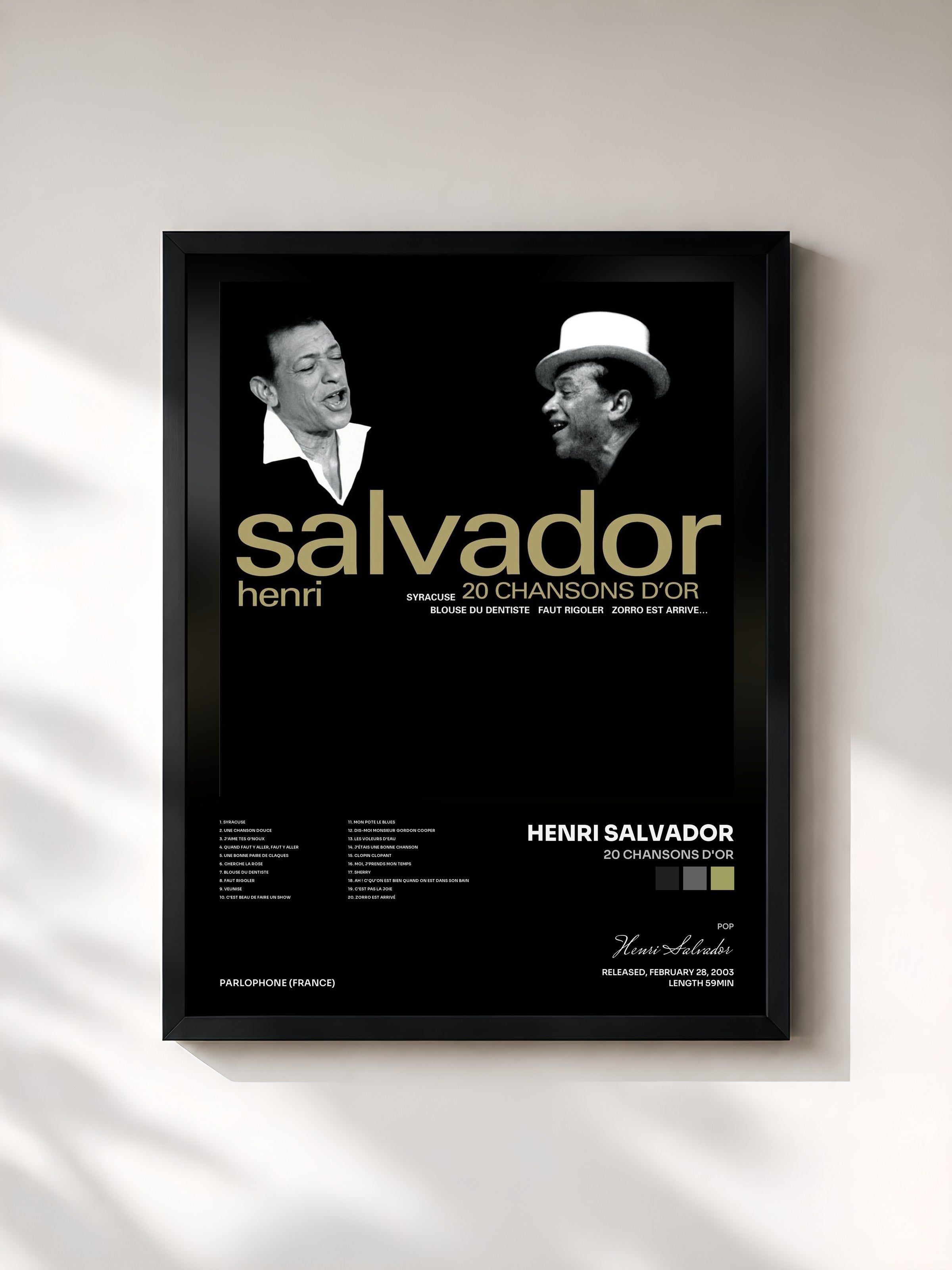#noir Tableau de l'album 20 chansons d'or de Henri Salvador, cadre noir, imprimé et encadré en France