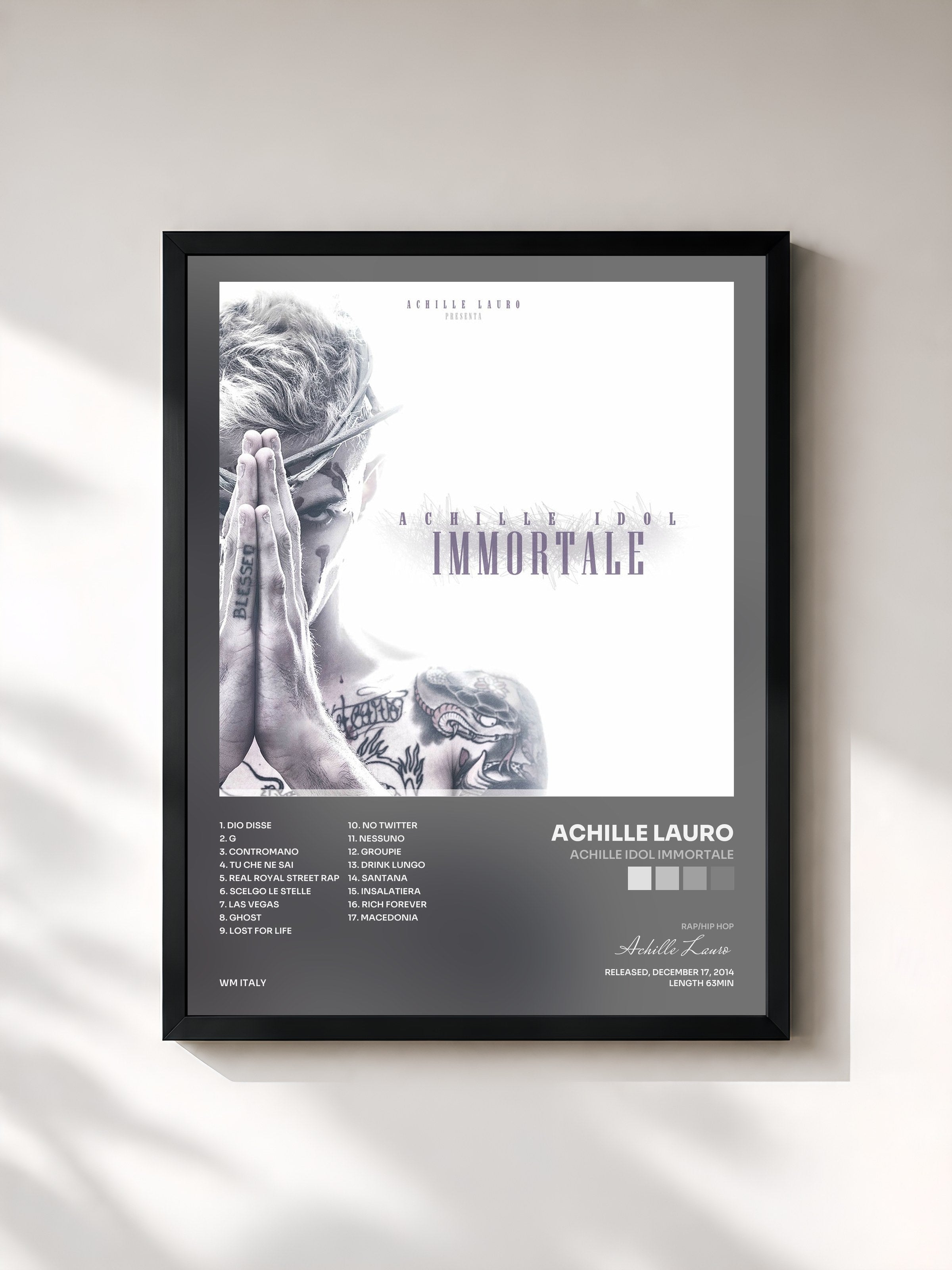 #noir Tableau de l'album Achille Idol Immortale de Achille Lauro, cadre noir, imprimé et encadré en France