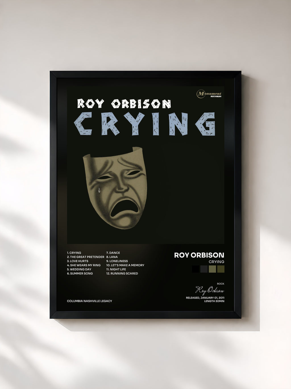 #noir Tableau de l'album Crying de Roy Orbison, cadre noir, imprimé et encadré en France
