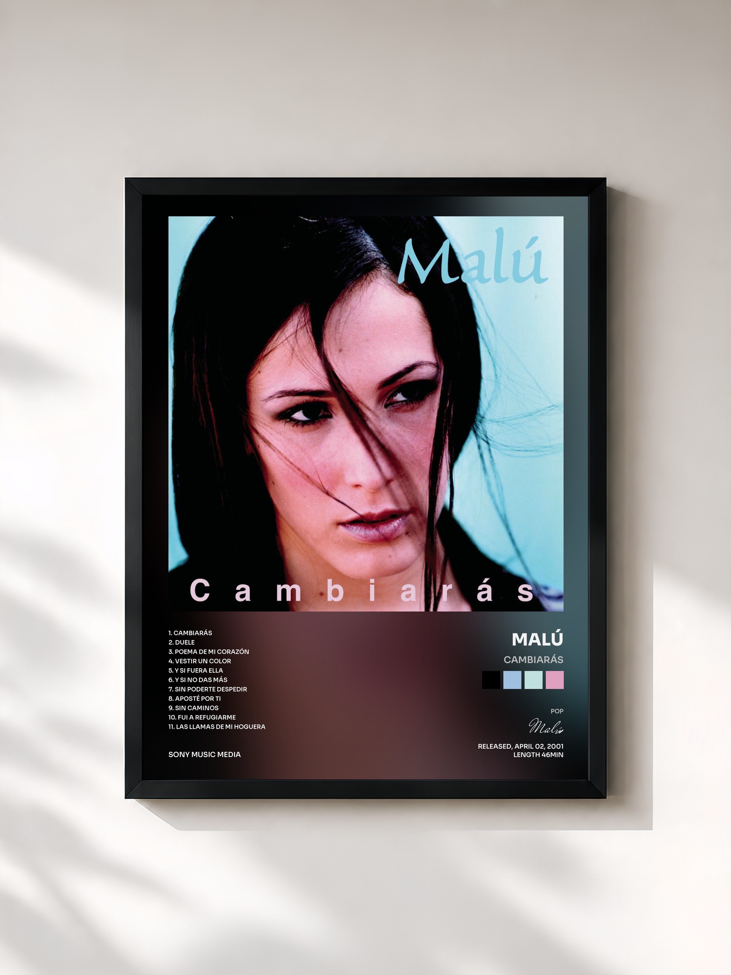 #noir Tableau de l'album Cambiarás de Malú, cadre noir, imprimé et encadré en France
