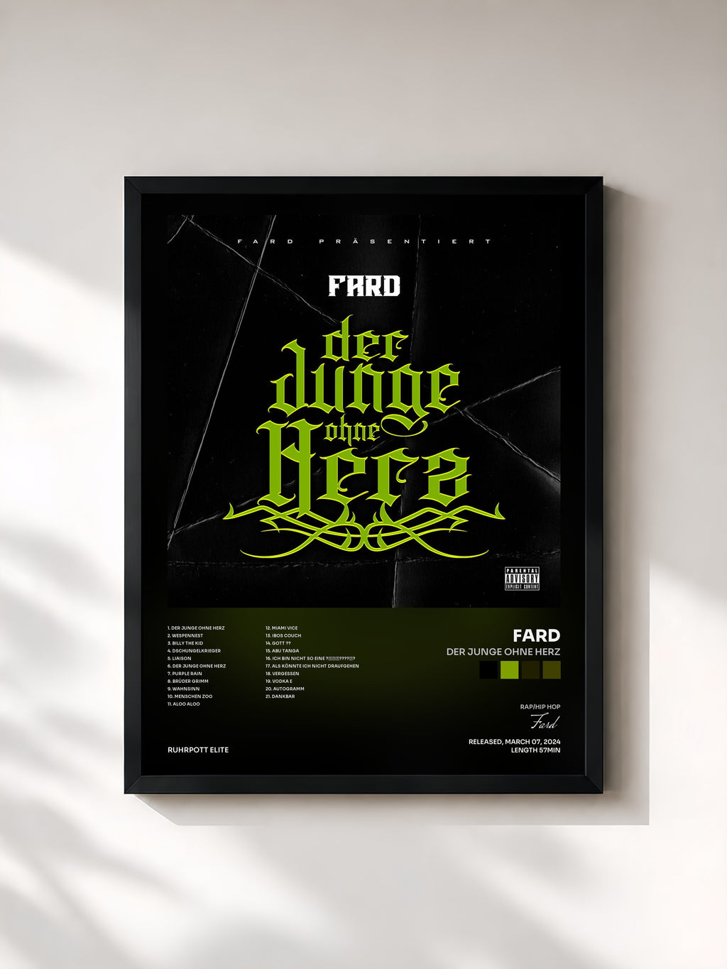 #noir Tableau de l'album DER JUNGE OHNE HERZ de Fard, cadre noir, imprimé et encadré en France