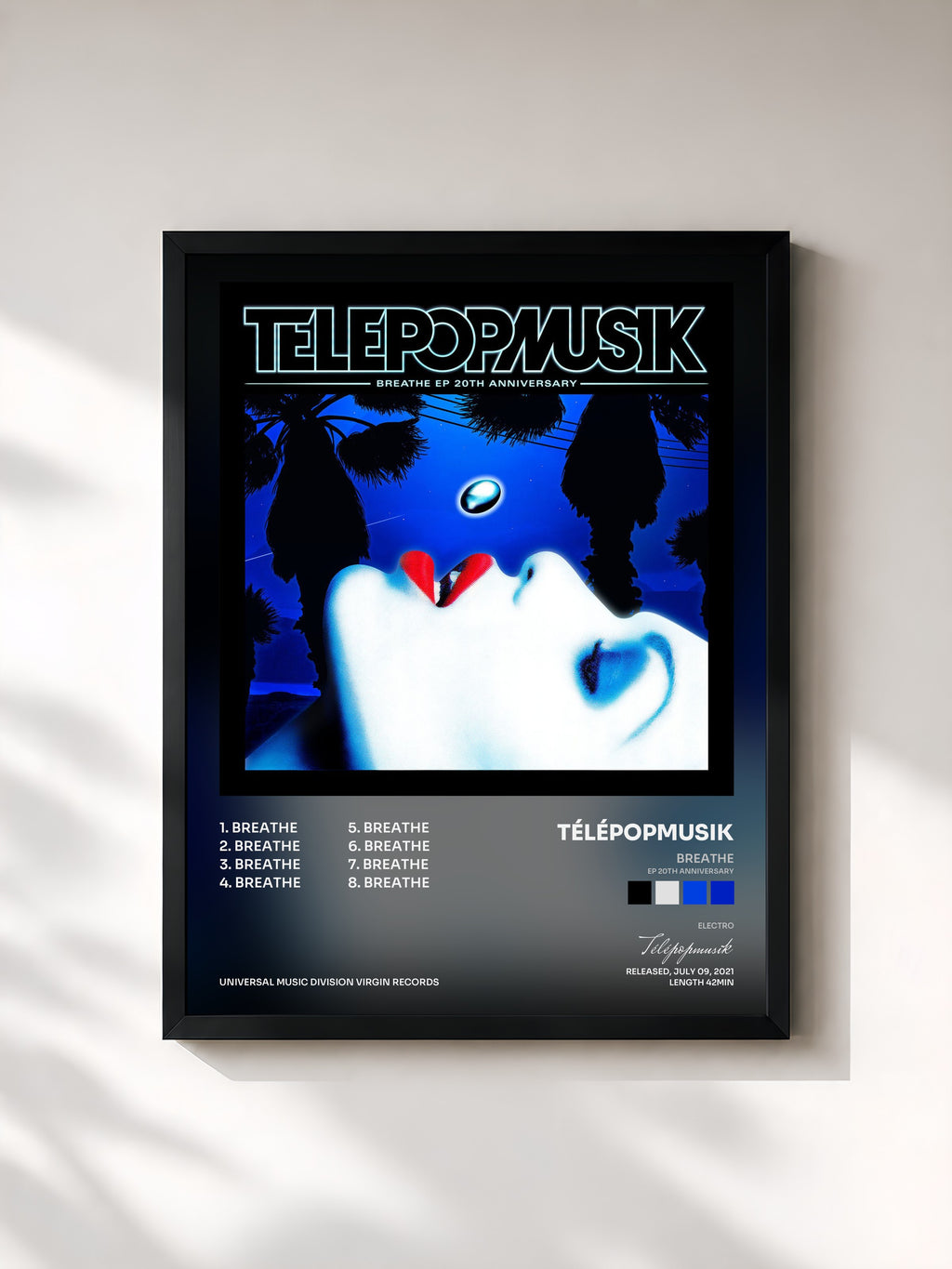 #noir Tableau de l'album Breathe (EP 20th Anniversary) de Télépopmusik, cadre noir, imprimé et encadré en France