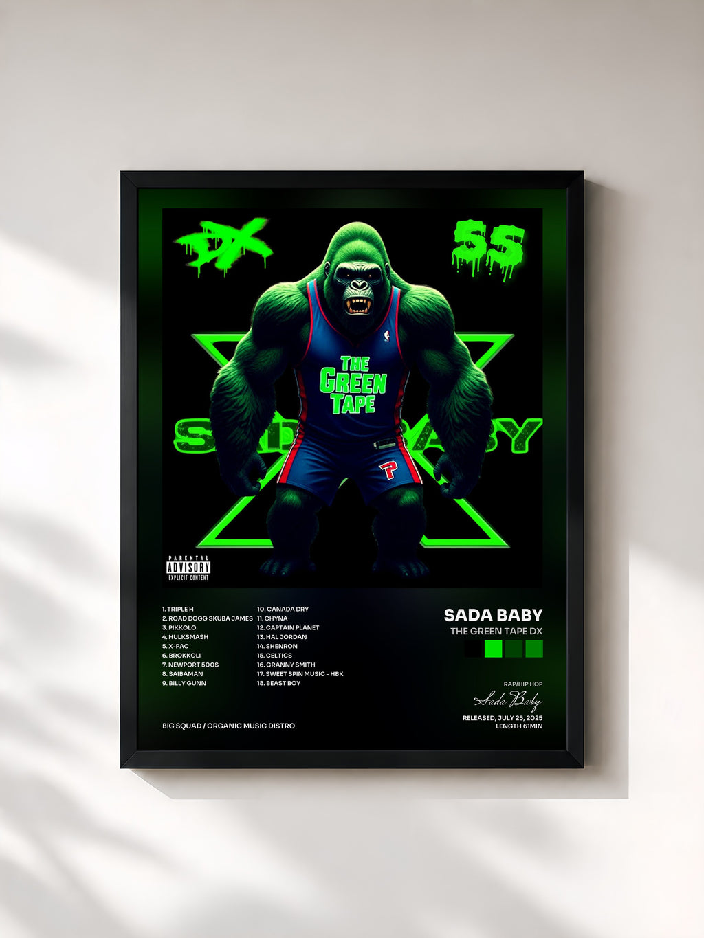 #noir Tableau de l'album THE GREEN TAPE DX de Sada Baby, cadre noir, imprimé et encadré en France