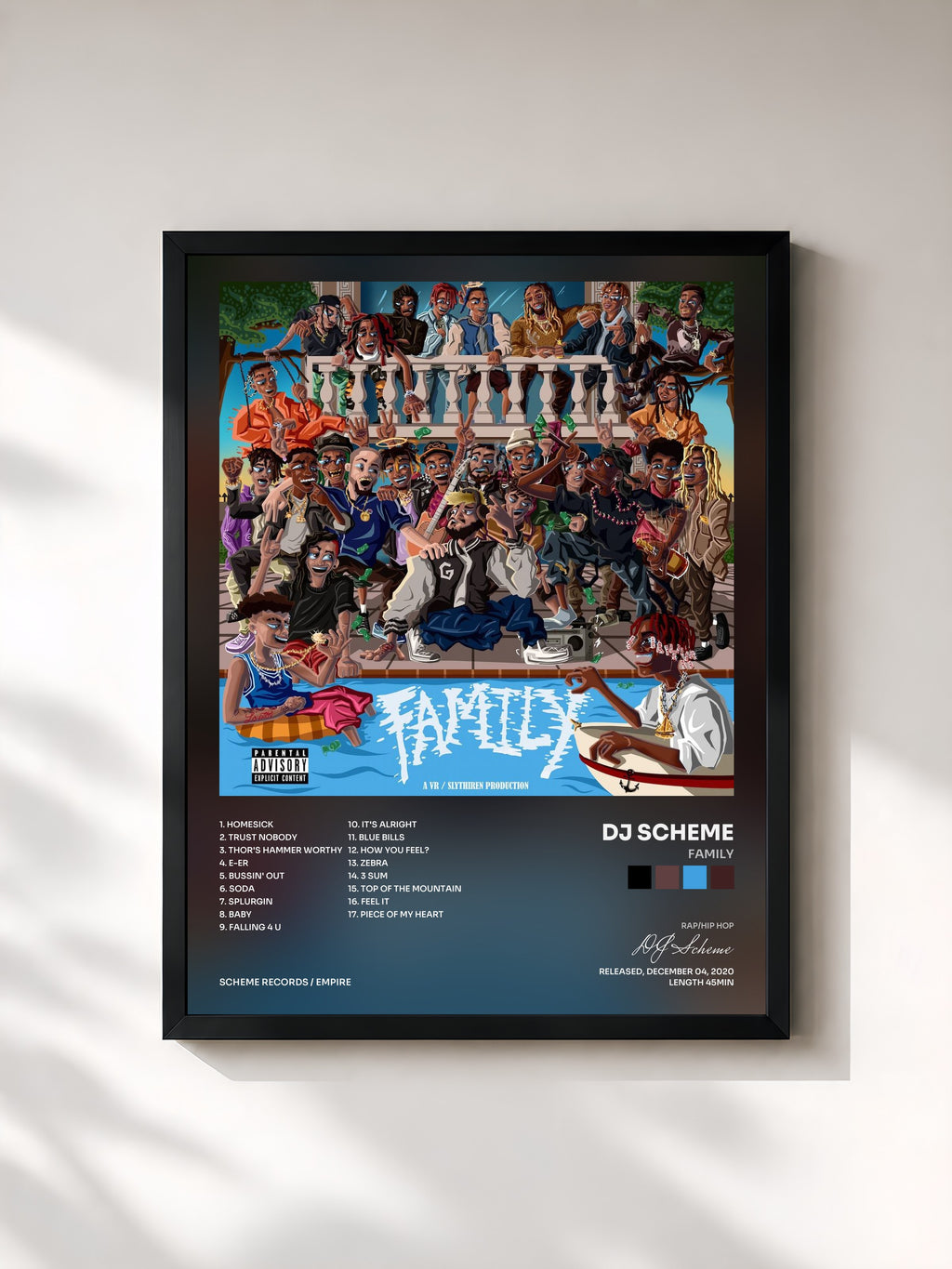 #noir Tableau de l'album FAMILY de DJ Scheme, cadre noir, imprimé et encadré en France