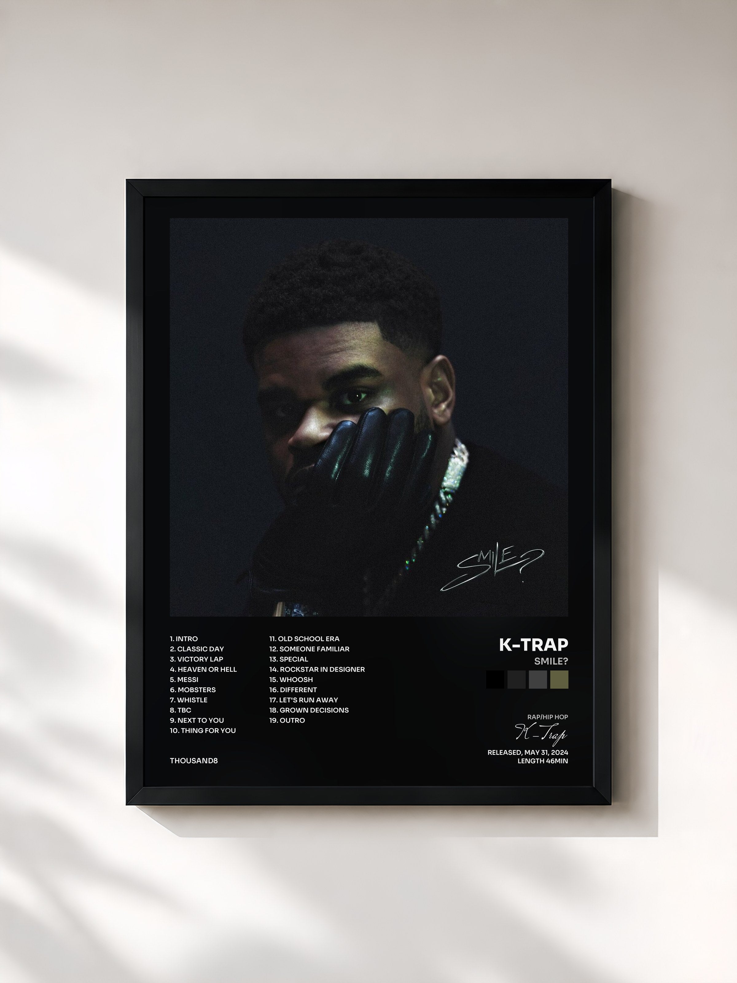 #noir Tableau de l'album SMILE? de K-Trap, cadre noir, imprimé et encadré en France