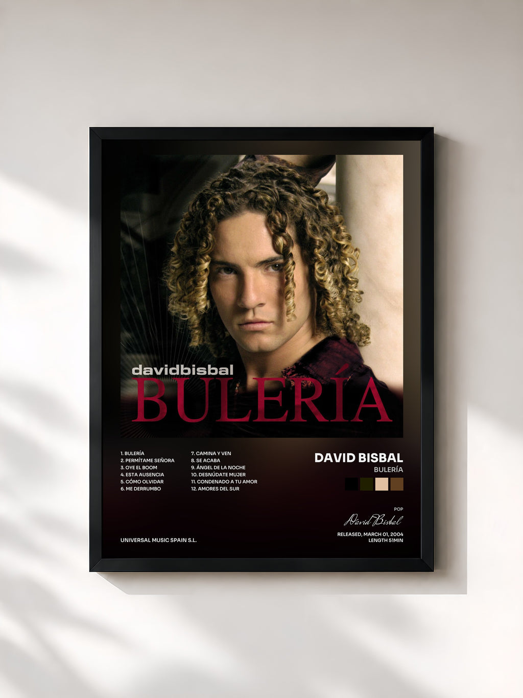 #noir Tableau de l'album Bulería de David Bisbal, cadre noir, imprimé et encadré en France