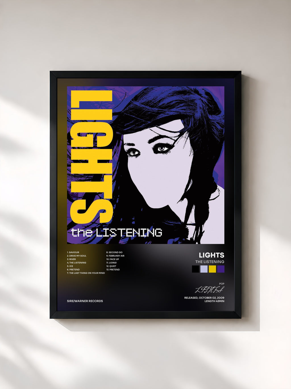 #noir Tableau de l'album The Listening de LIGHTS, cadre noir, imprimé et encadré en France