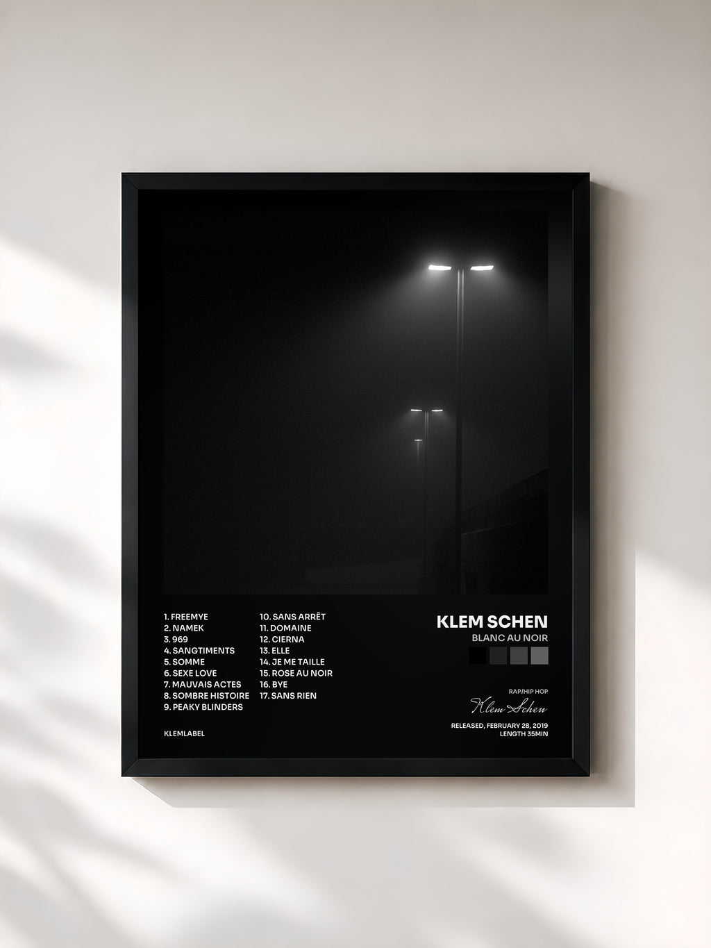 #noir Tableau de l'album Blanc au Noir de Klem Schen, cadre noir, imprimé et encadré en France