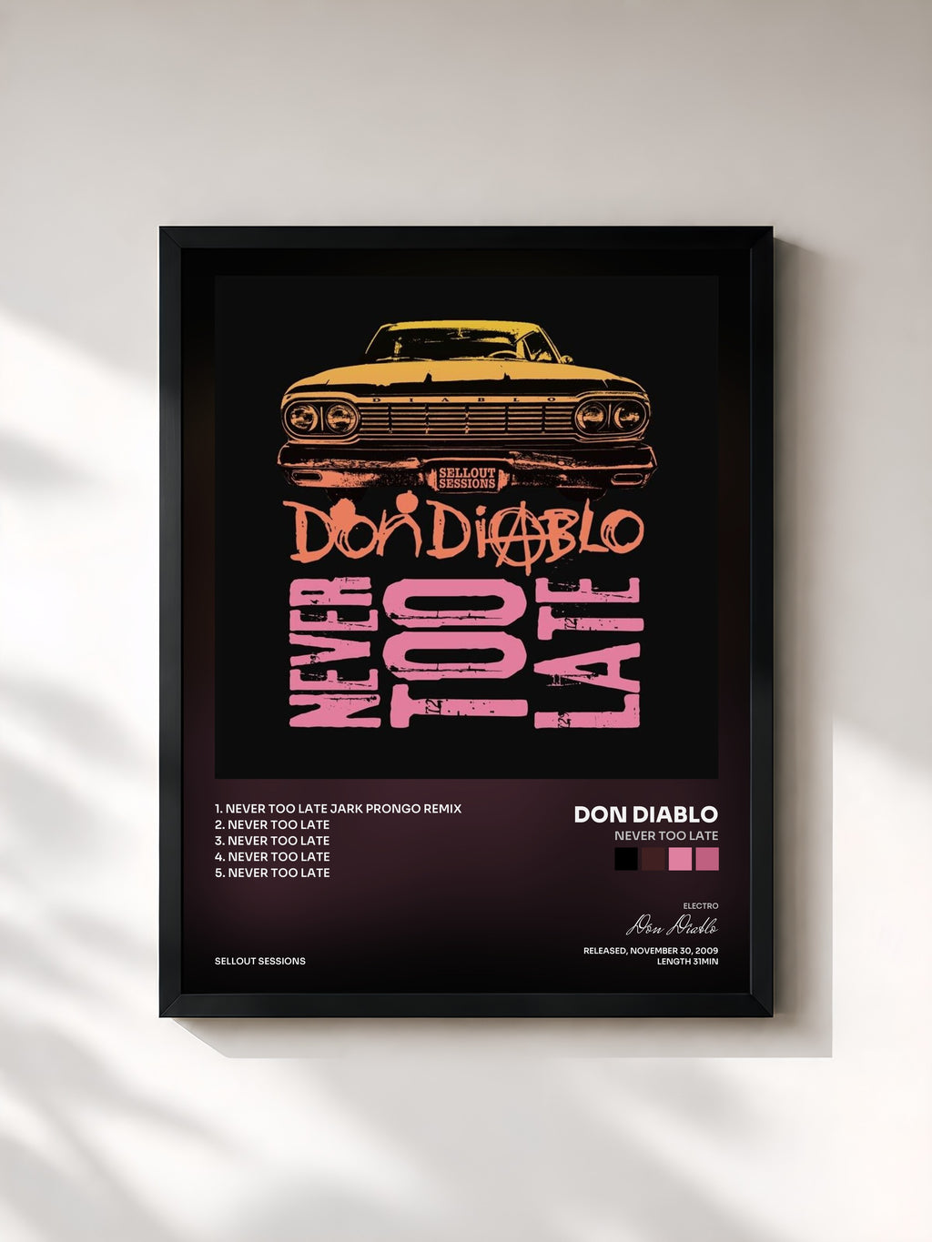 #noir Tableau de l'album Never Too Late de Don Diablo, cadre noir, imprimé et encadré en France