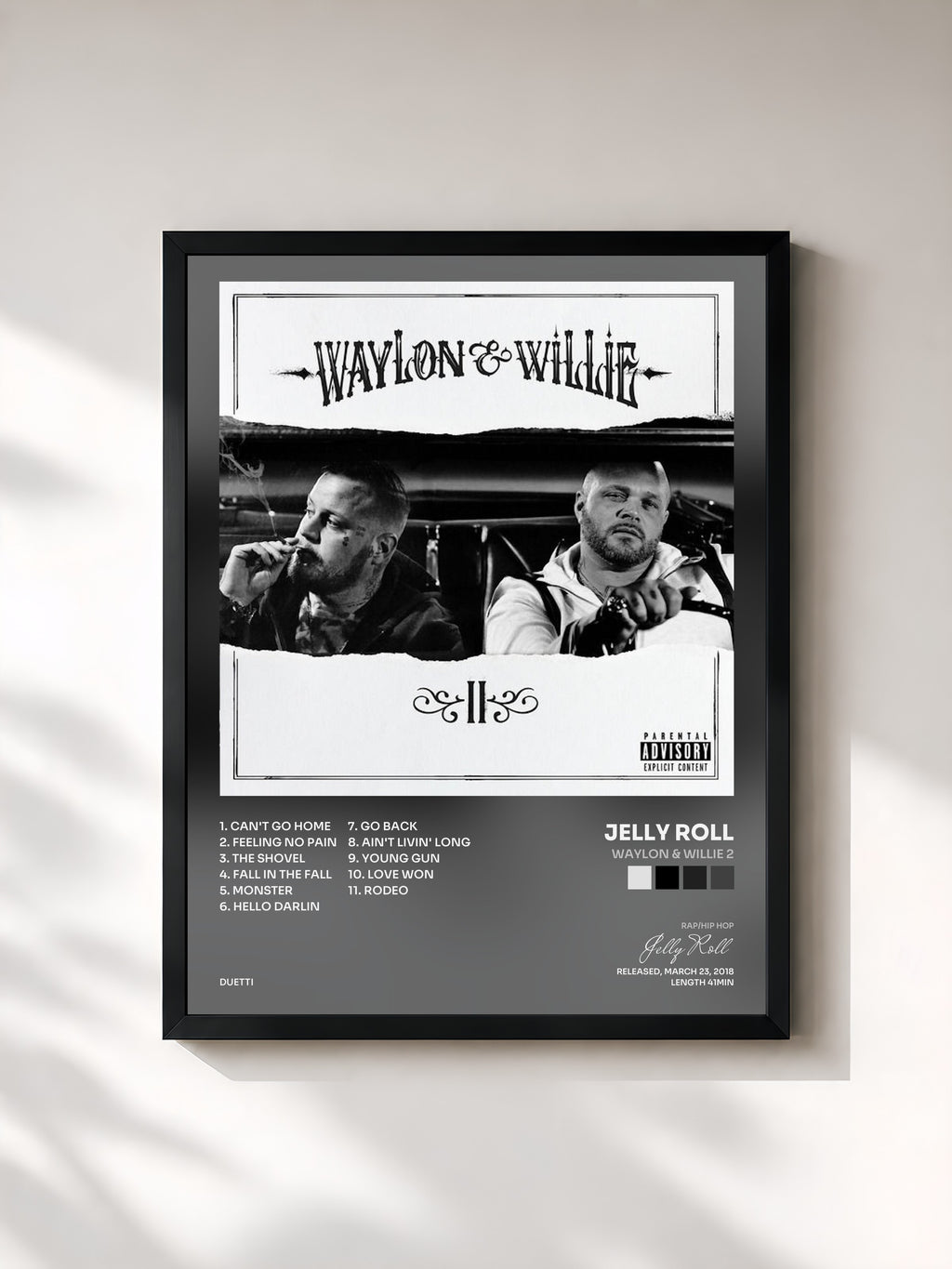 #noir Tableau de l'album Waylon & Willie 2 de Jelly Roll, cadre noir, imprimé et encadré en France