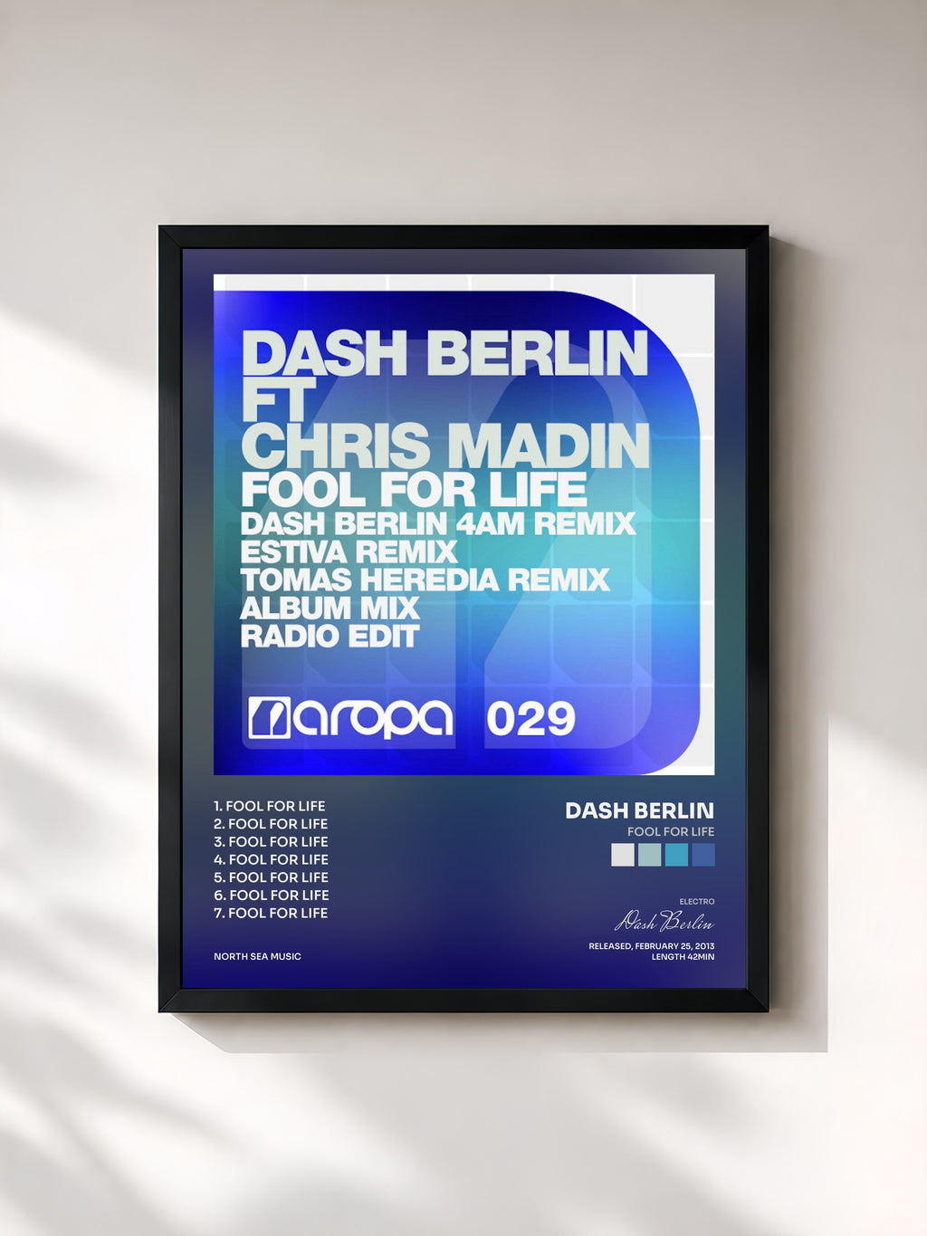 #noir Tableau de l'album Fool For Life de Dash Berlin, cadre noir, imprimé et encadré en France