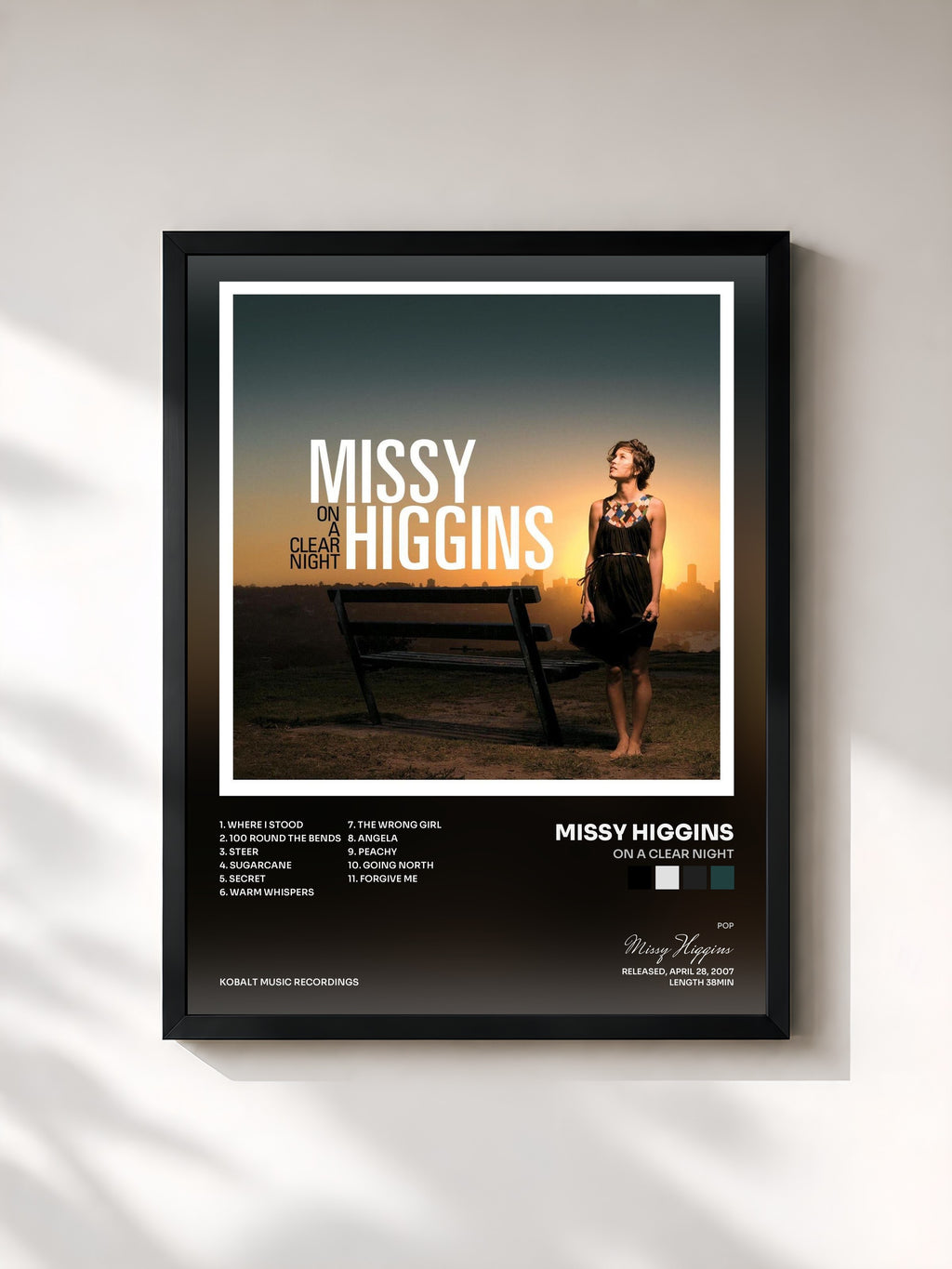 #noir Tableau de l'album On a Clear Night de Missy Higgins, cadre noir, imprimé et encadré en France