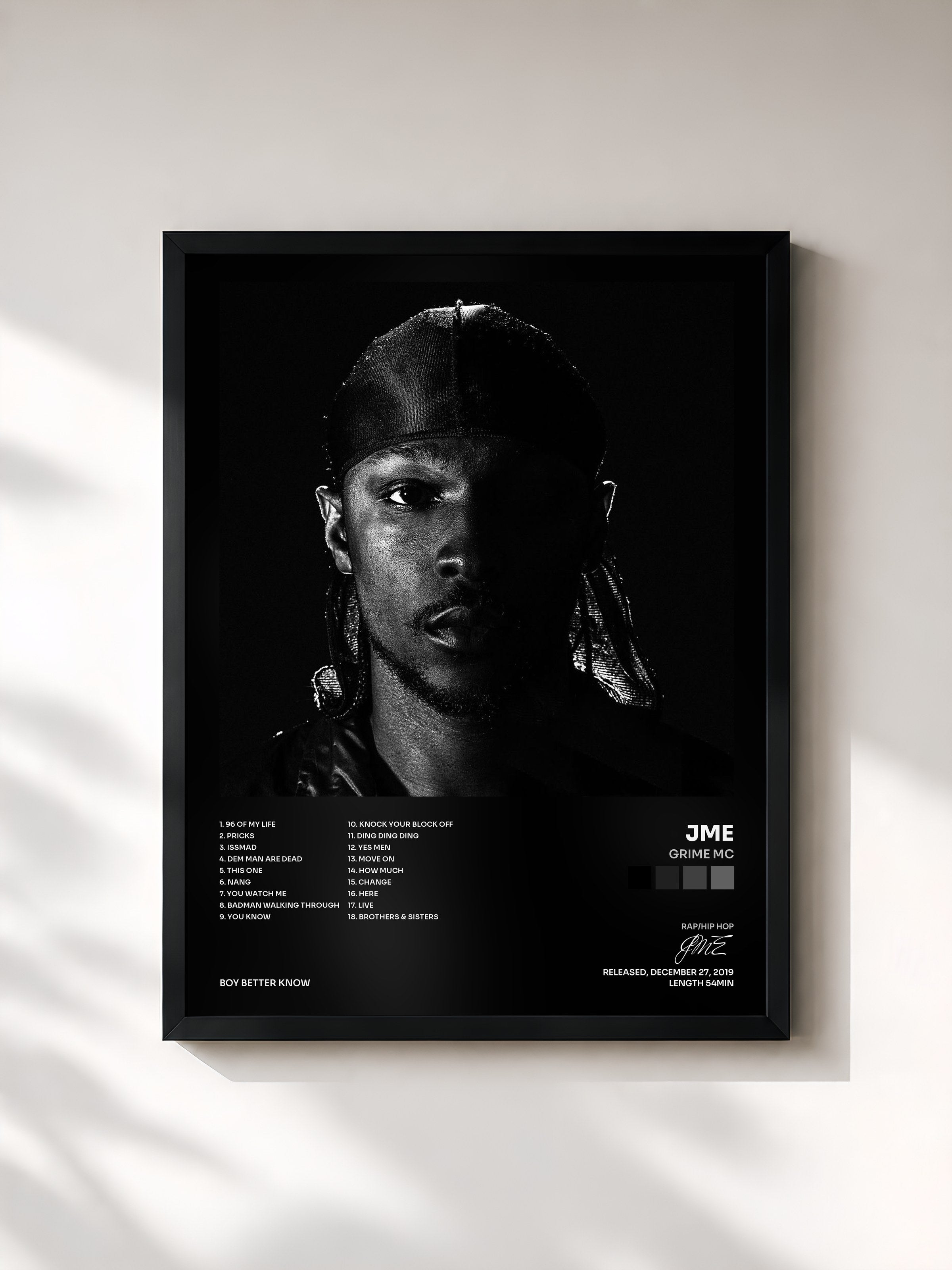 #noir Tableau de l'album Grime MC de JME, cadre noir, imprimé et encadré en France