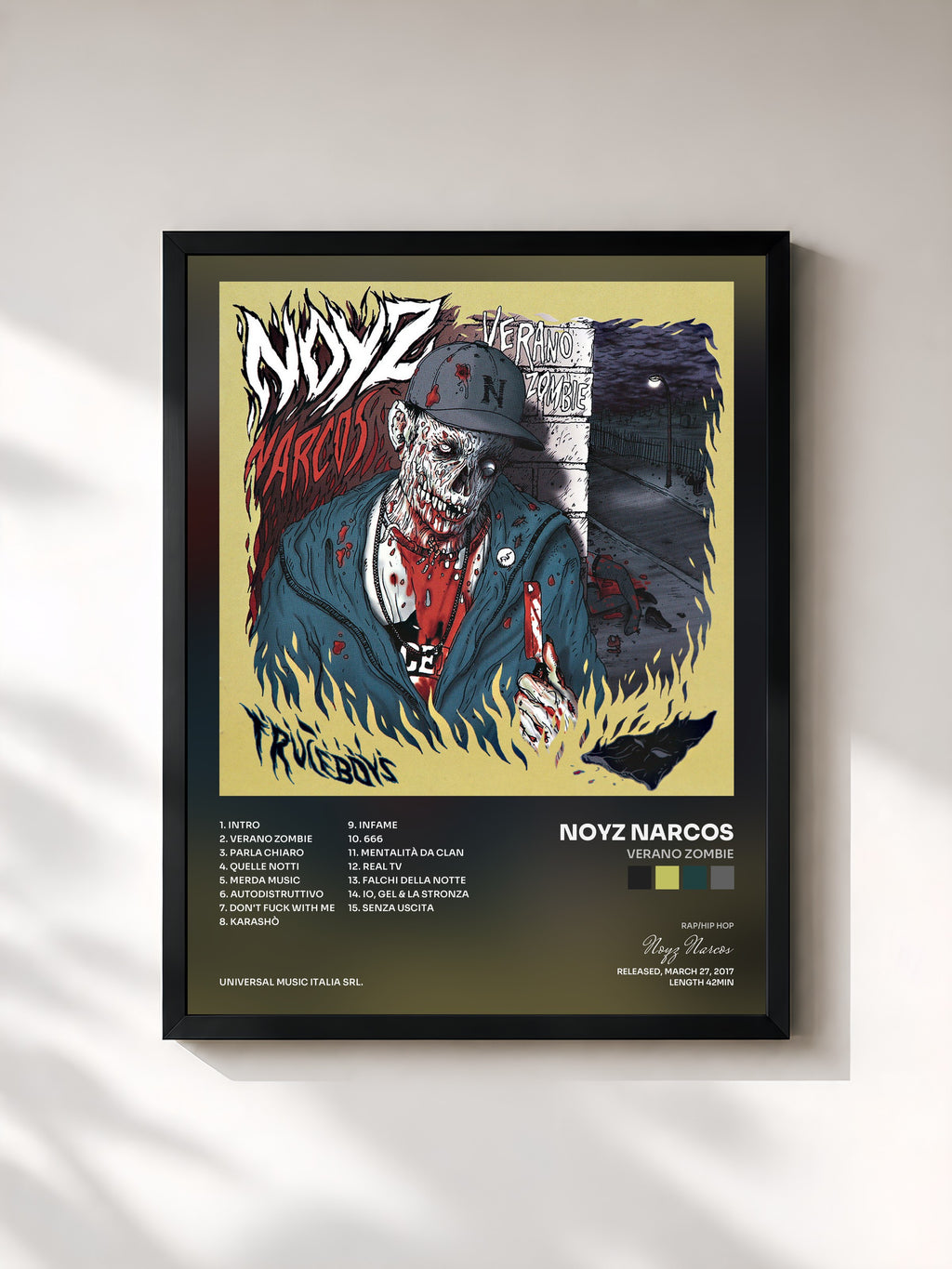 #noir Tableau de l'album Verano Zombie de Noyz Narcos, cadre noir, imprimé et encadré en France