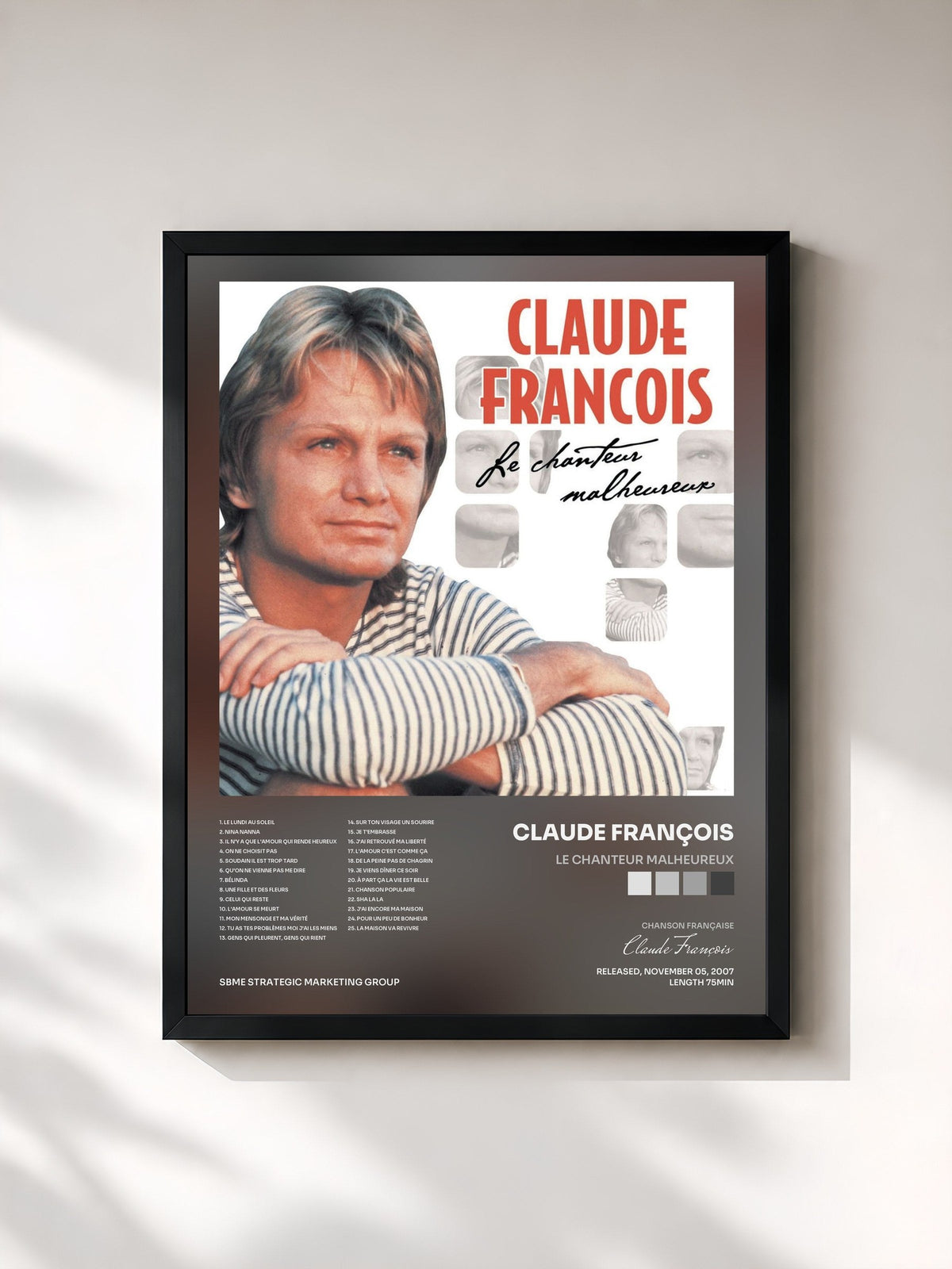 #noir Tableau de l'album Le Chanteur Malheureux de Claude François, cadre noir, imprimé et encadré en France