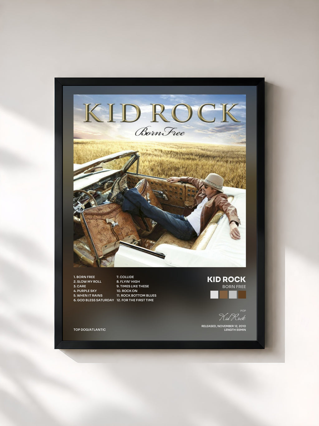#noir Tableau de l'album Born Free de Kid Rock, cadre noir, imprimé et encadré en France