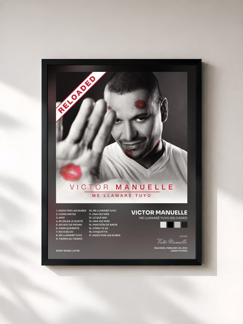 #noir Tableau de l'album Me Llamaré Tuyo Reloaded de Victor Manuelle, cadre noir, imprimé et encadré en France