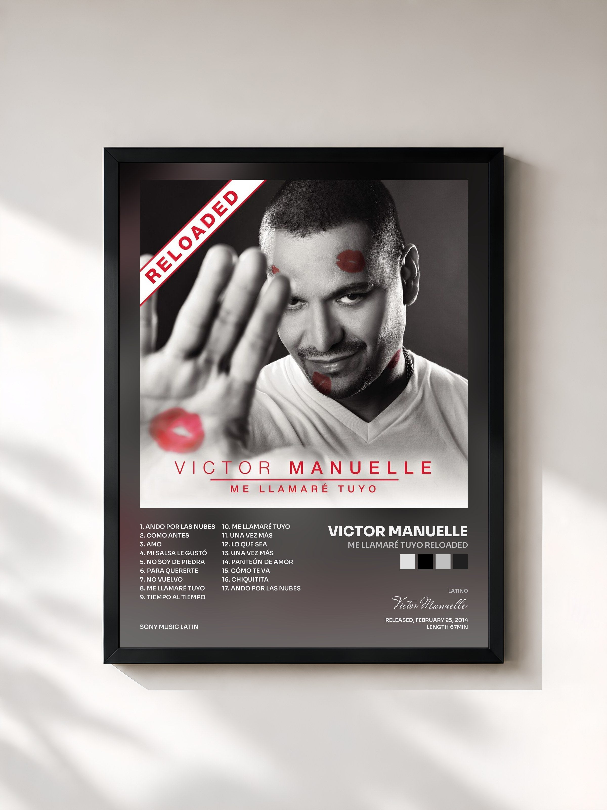 #noir Tableau de l'album Me Llamaré Tuyo Reloaded de Victor Manuelle, cadre noir, imprimé et encadré en France