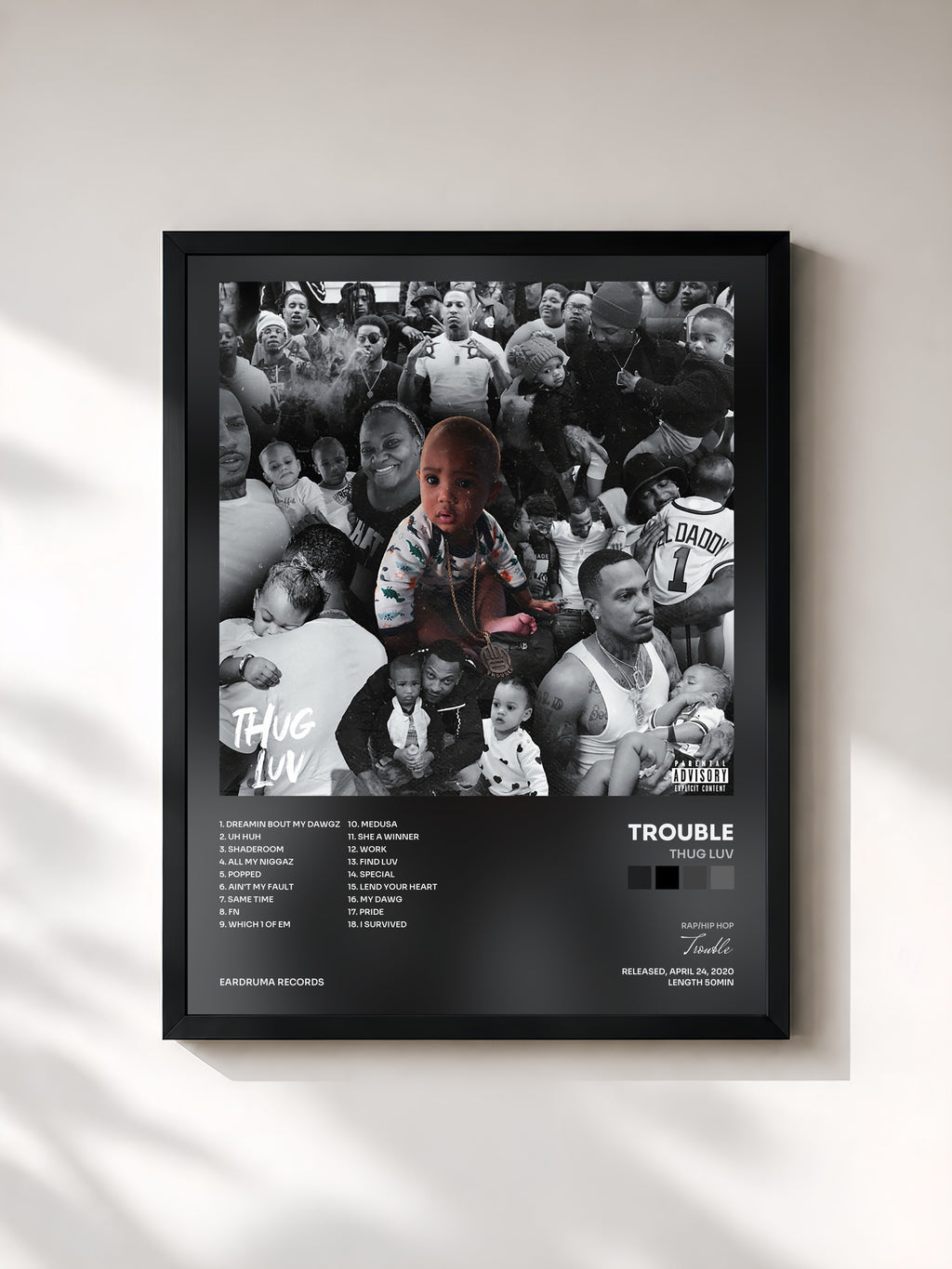 #noir Tableau de l'album Thug Luv de Trouble, cadre noir, imprimé et encadré en France