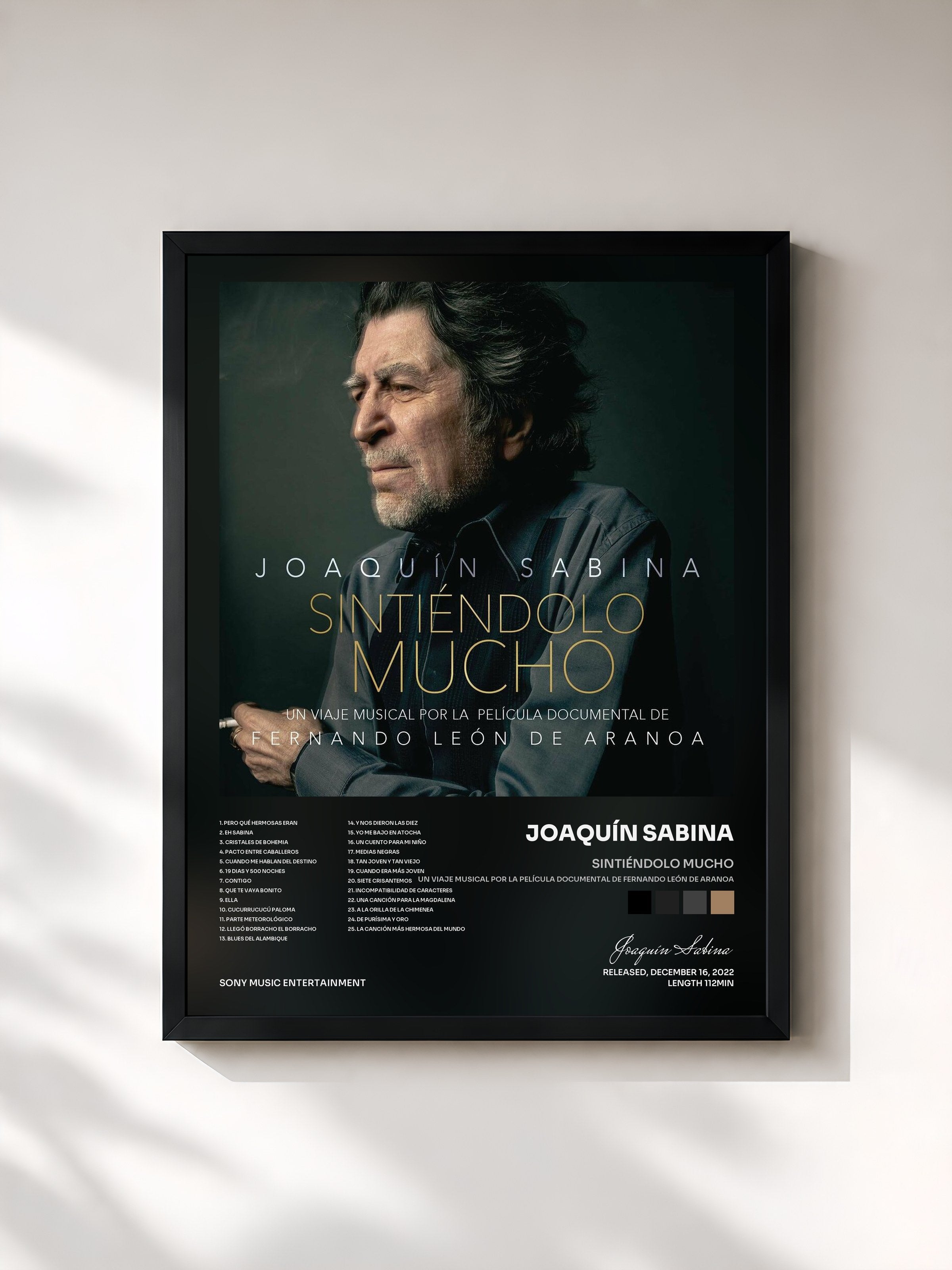 #noir Tableau de l'album Sintiéndolo Mucho (Un Viaje Musical por la Película Documental de Fernando León de Aranoa) de Joaquín Sabina, cadre noir, imprimé et encadré en France
