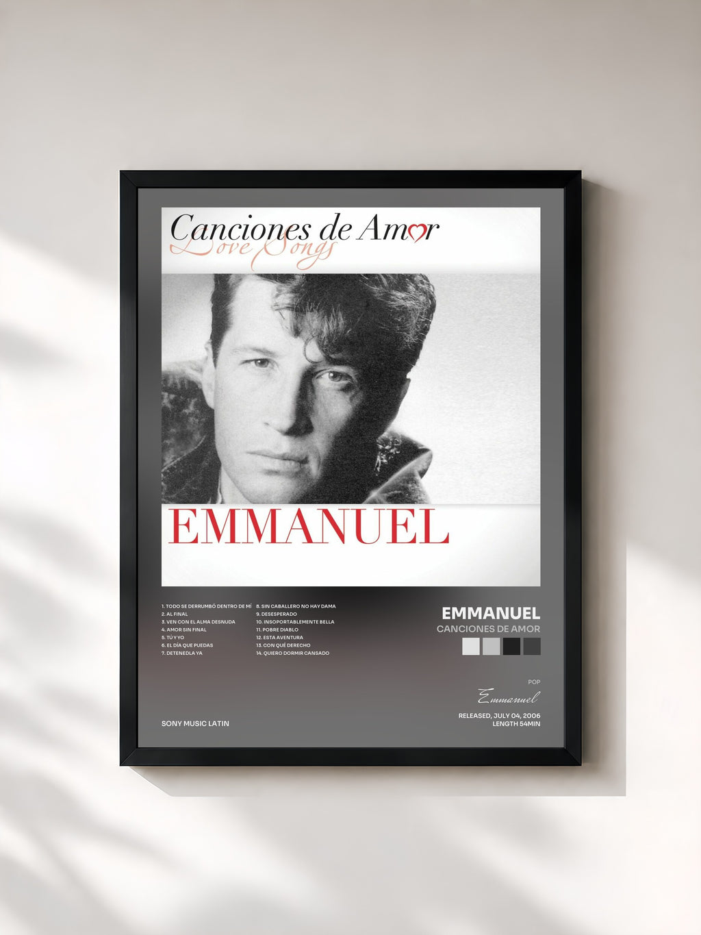 #noir Tableau de l'album Canciones De Amor de Emmanuel, cadre noir, imprimé et encadré en France