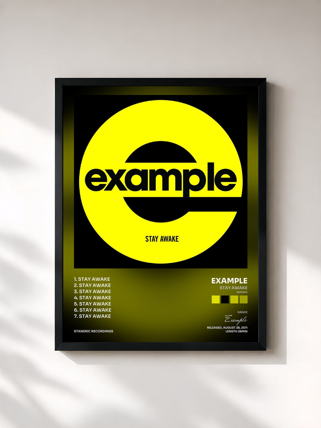 #noir Tableau de l'album Stay Awake (Remixes) de Example, cadre noir, imprimé et encadré en France