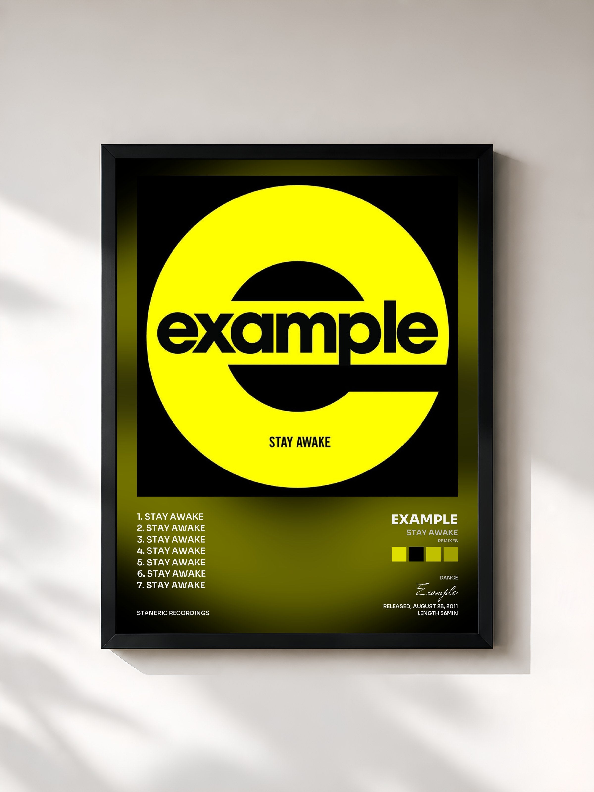 #noir Tableau de l'album Stay Awake (Remixes) de Example, cadre noir, imprimé et encadré en France