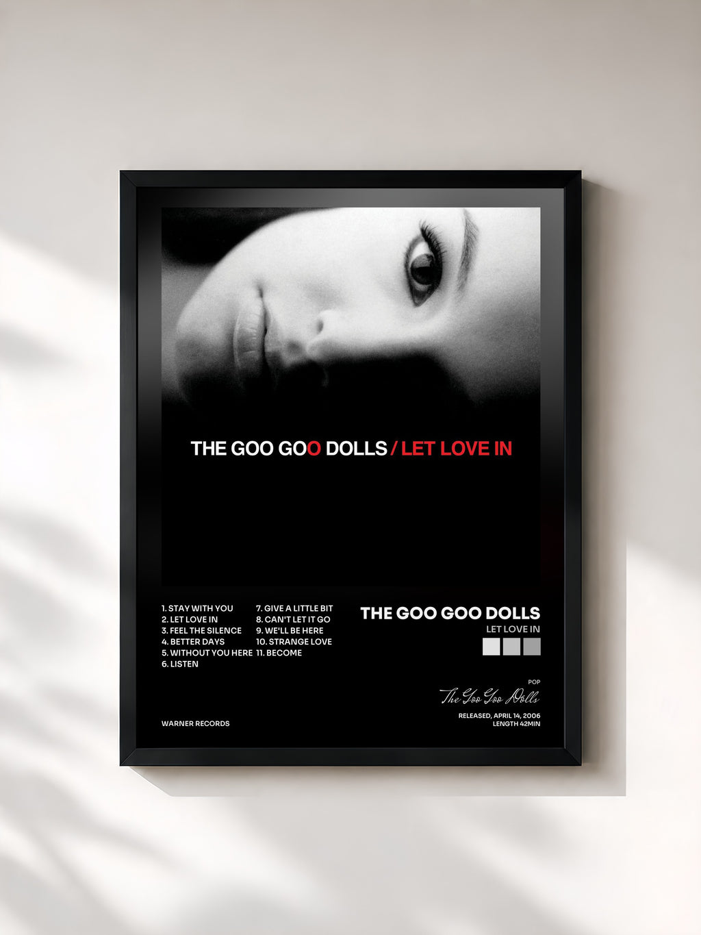 #noir Tableau de l'album Let Love In de The Goo Goo Dolls, cadre noir, imprimé et encadré en France