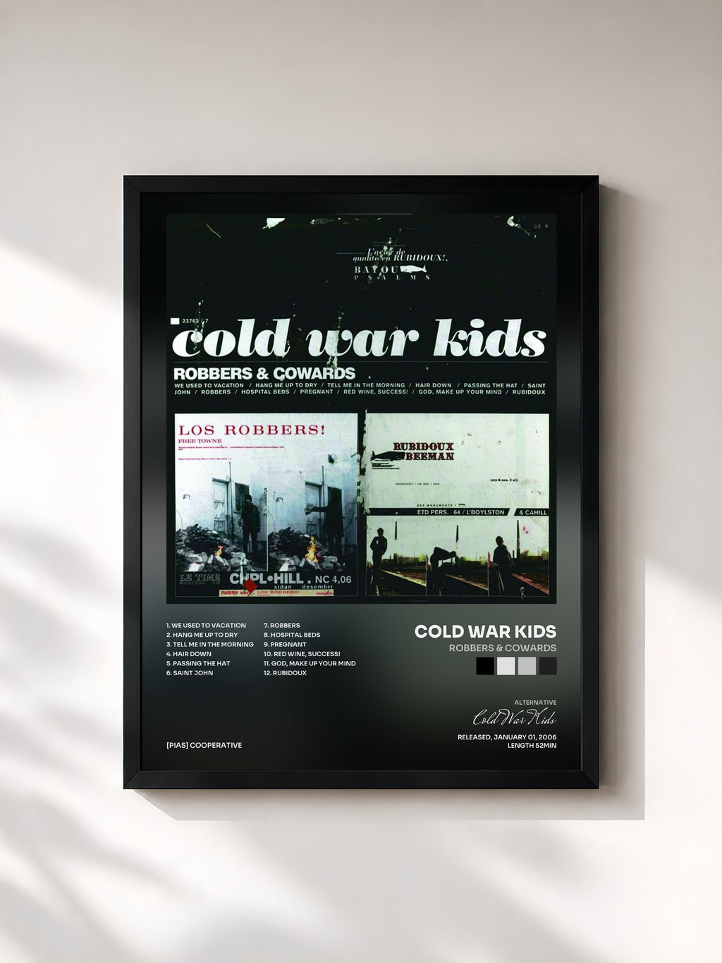 #noir Tableau de l'album Robbers & Cowards de Cold War Kids, cadre noir, imprimé et encadré en France