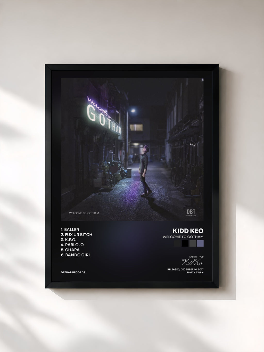 #noir Tableau de l'album Welcome to Gotham de Kidd Keo, cadre noir, imprimé et encadré en France
